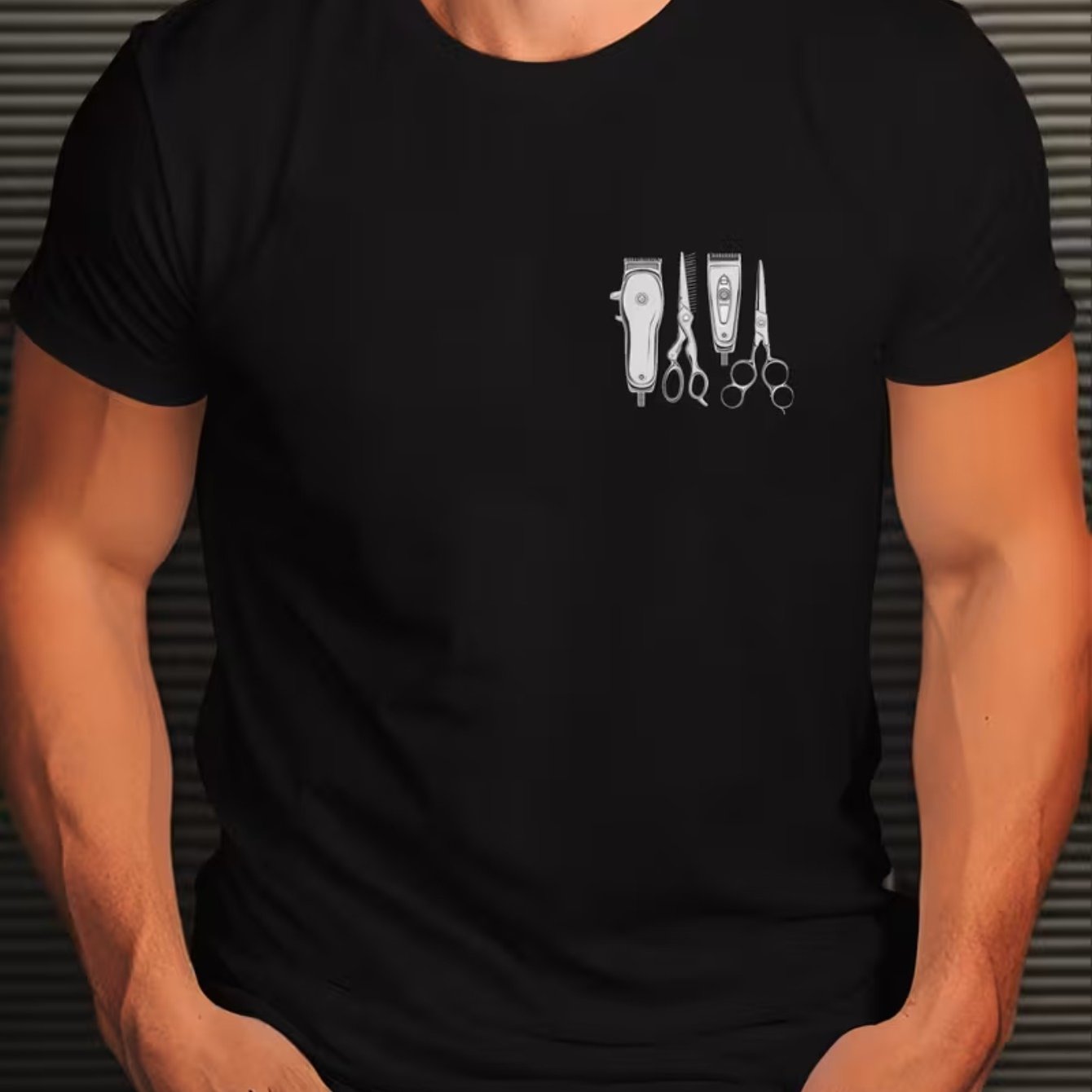 TEMU Men's Summer T-shirt Featuring A Silhouette Print Of Hairdressing Tools, Casual Short-sleeve Design, Made From Polyester Fabric, Round Neck,