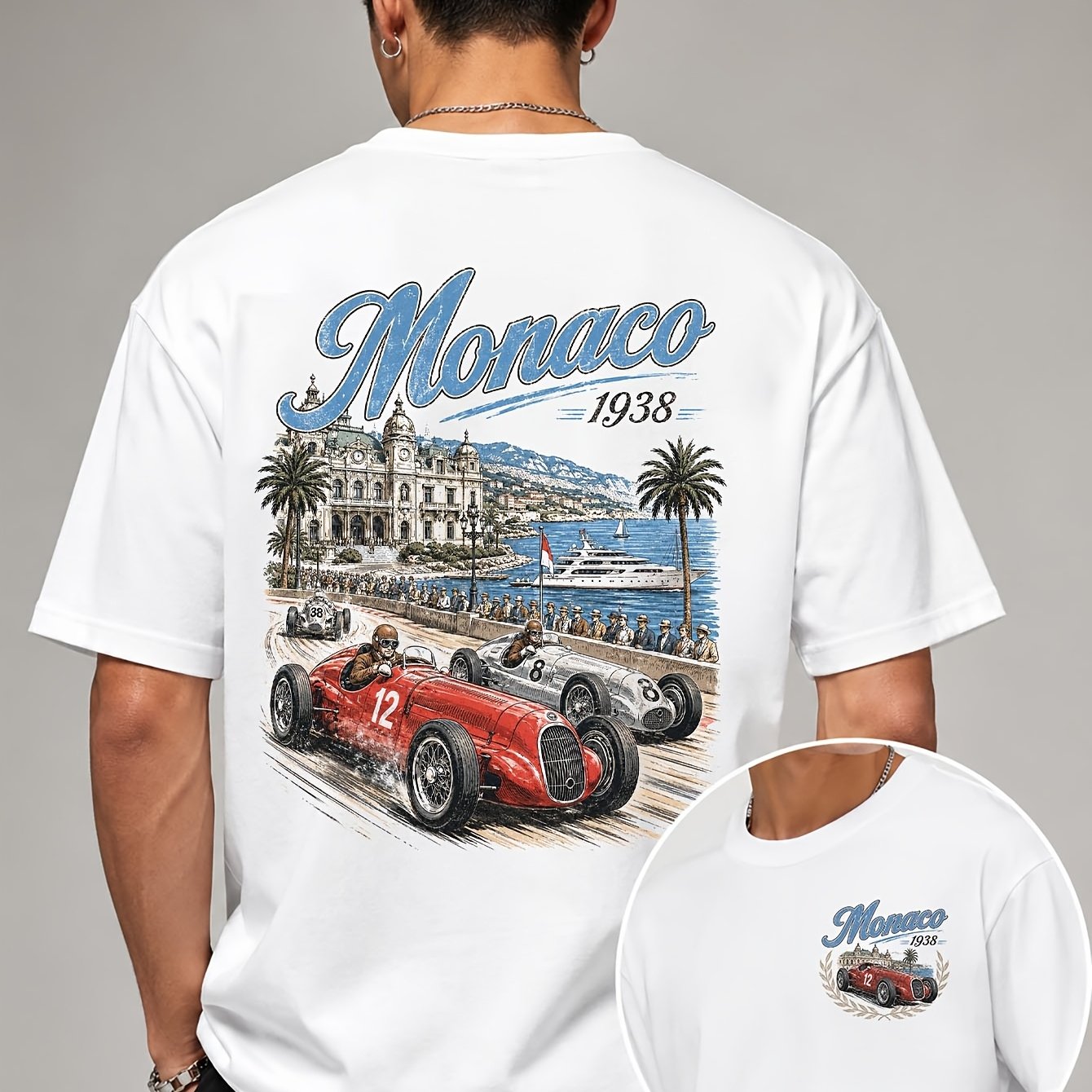TEMU Men's Short-sleeve Patterned T-shirt Monaco Racing Loose Round Neck Casual Top Summer Daily Travel Wear Racing Enthusiast Gift Casual Fashion