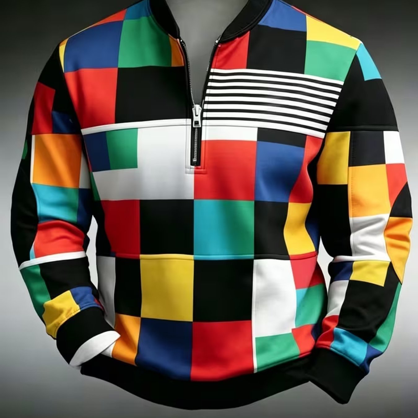 Image of Autumn Winter New Arrival Men Half Zip Stand Collar Pullover Sweatshirt Colorful Square Print Outdoor Casual Outfit