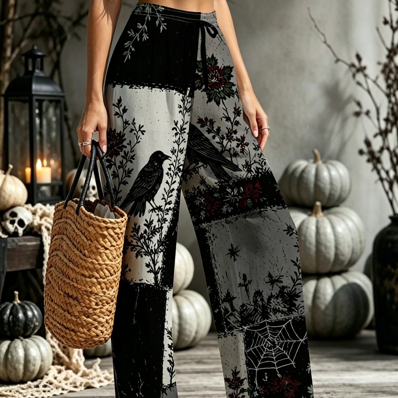 TEMU Pantalon Gothique à Jambes Larges - Pantalon Ample Longueur Intégrale Ceinture à Taille Haute, Imprimé et Toile d'Araignée, Lavable en Machine,