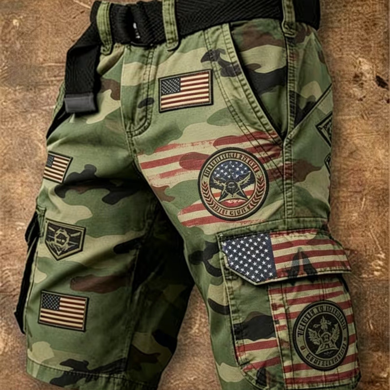 Men's Retro Cargo Shorts With Eagle & Flame Print - Beltless Streetwear Shorts Suitable For Work & Casual Wear, Multi- Outdoor Shorts, Belt-free For,, (no Belt Included)