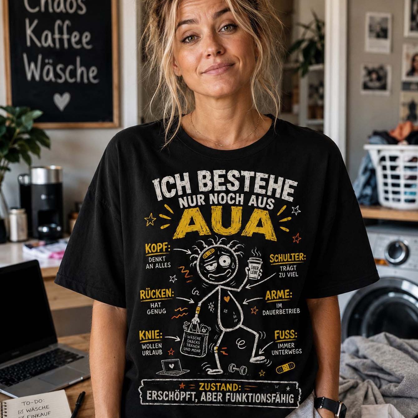 Image of Funny "ich Bestehe Nur Noch Aus Aua" Skeleton Print T-shirt - Loose Fit Casual Short Sleeve Tee Suitable For Home Office & Casual Attire, Machine Washable Neutral Top With
