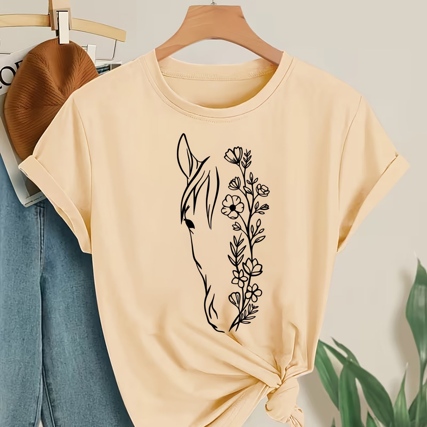 TEMU Women's Elegant Short Sleeve, Line Horse Head Floral Print Round Neck, Comfortable Soft Breathable New Style, Fashionable Easy Retro Versatile