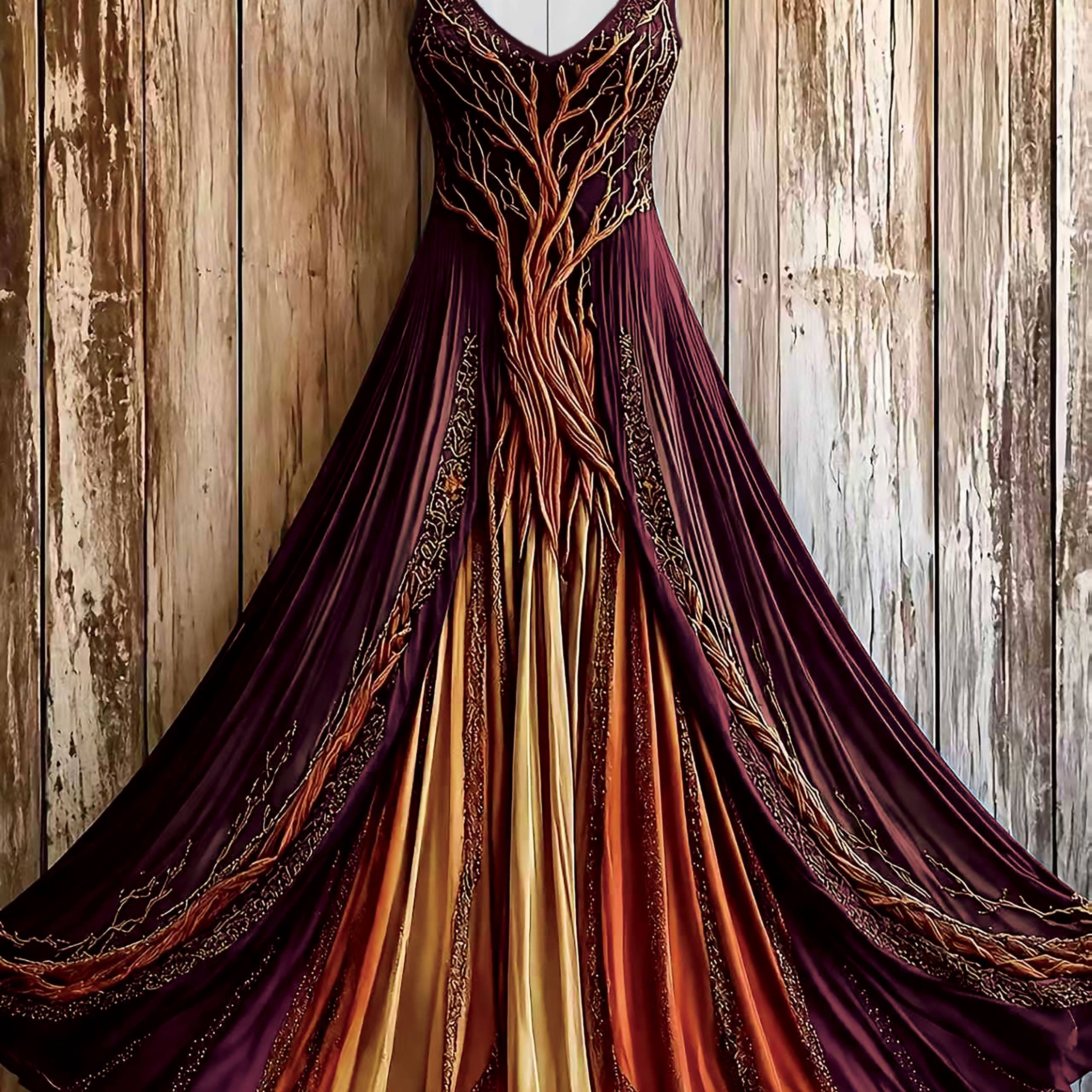 TEMU Plus Size - Women's Size Elegant Style V-neck Retro Viking Tree Of Life Celtic Knot Art, Loose Versatile Sleeveless Dress