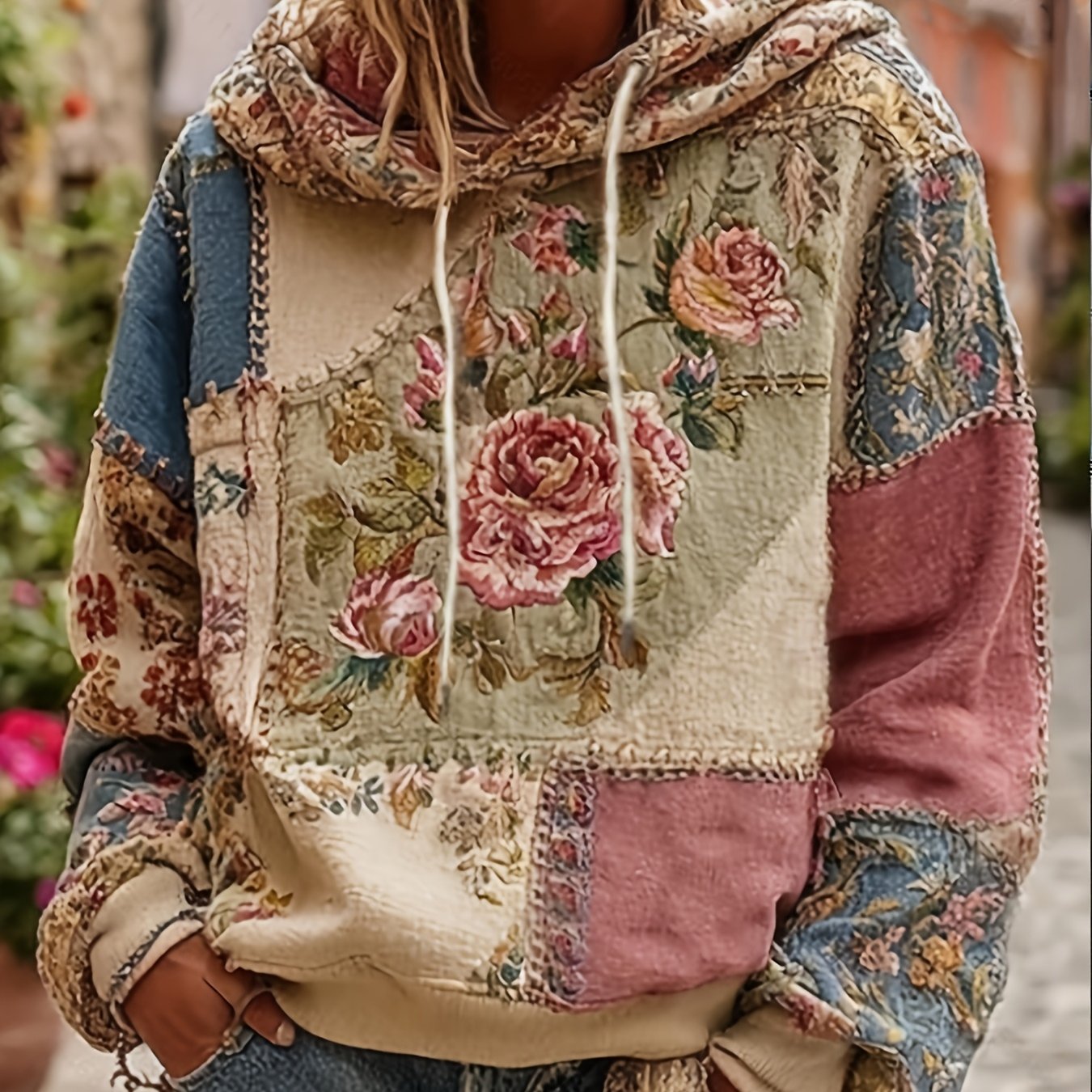 Image of Women's Printed Retro Bohemian Style Hoodie, Design, Floral Pattern, Loose Fit, Warm, Suitable For Casual Streetwear, Ideal For Winter