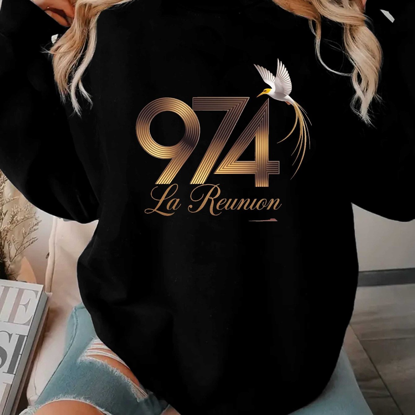TEMU Sweatshirt Oiseau Doré La 974, Col Rond Décontracté pour Automne & Printemps, Vêtements pour Femmes