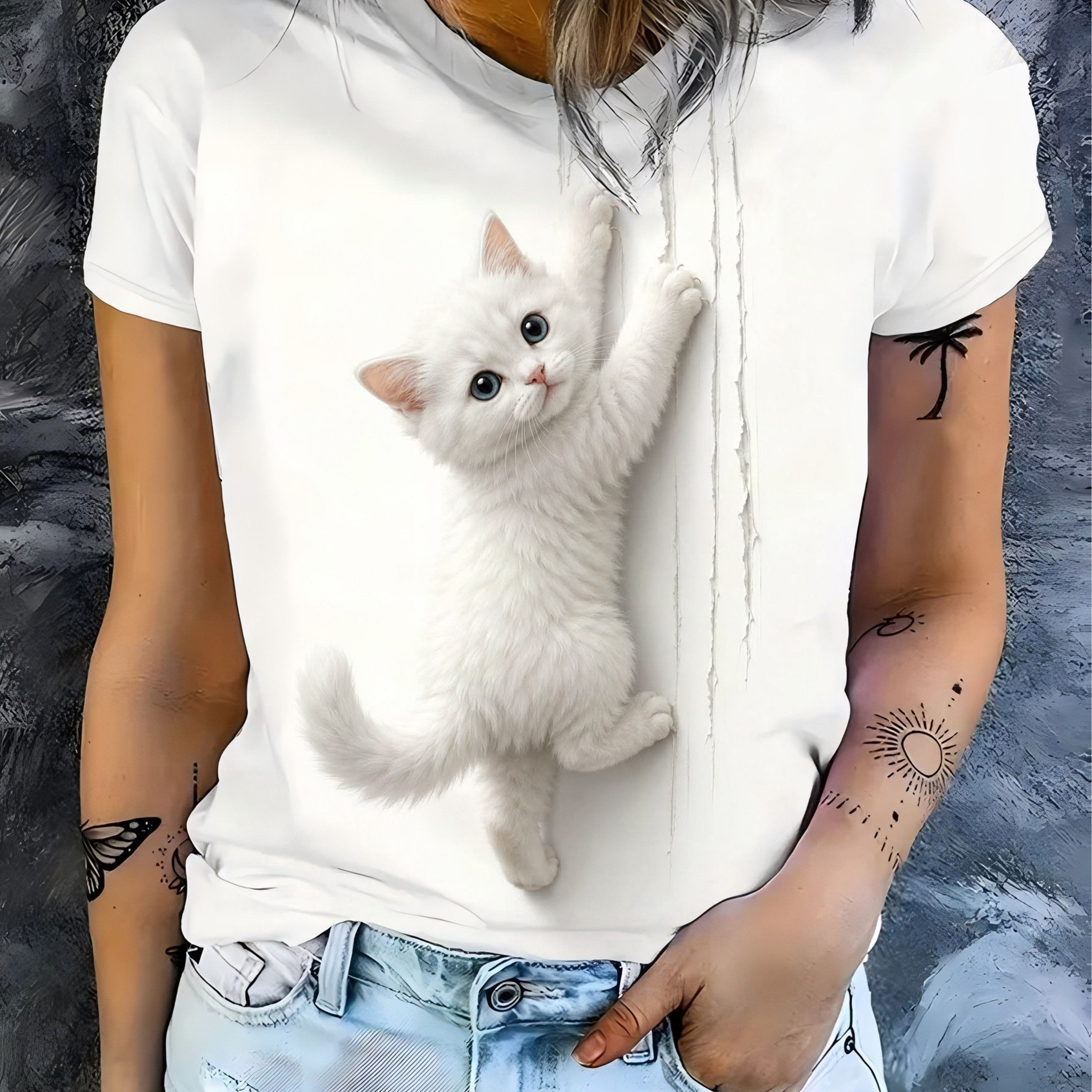TEMU Women's Plush Kitten Print T-shirt, Cute Cat Paw Print Round Neck Top, Loose Casual Tee