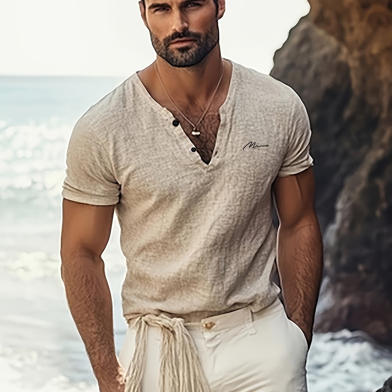 TEMU Easy Niche Print Men's V-neck Short Sleeve T-shirt, Summer Breathable Commuter Casual Top