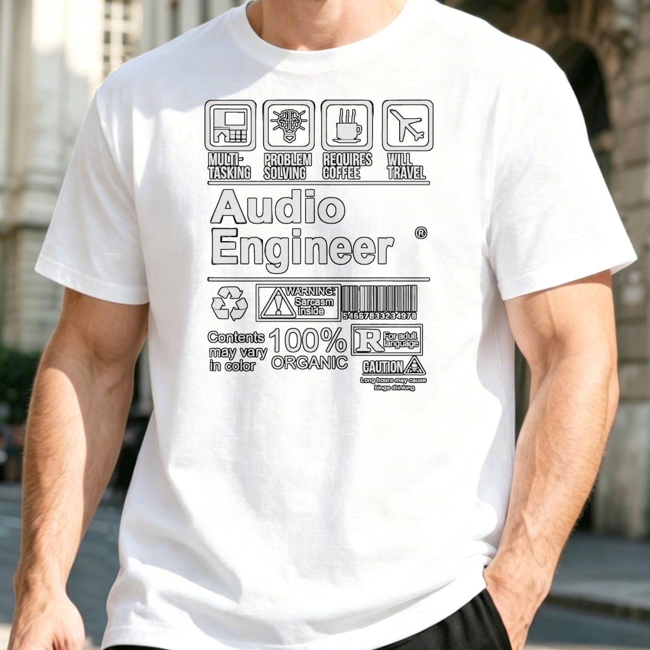 Men's Audio Engineer T-shirt With Sound Icons & Humorous Text - Tech Gift Suitable For Music Lovers, Casual Round Neck Shirt For Djs, , Studio Crew, Machine Washable Daily Wear For