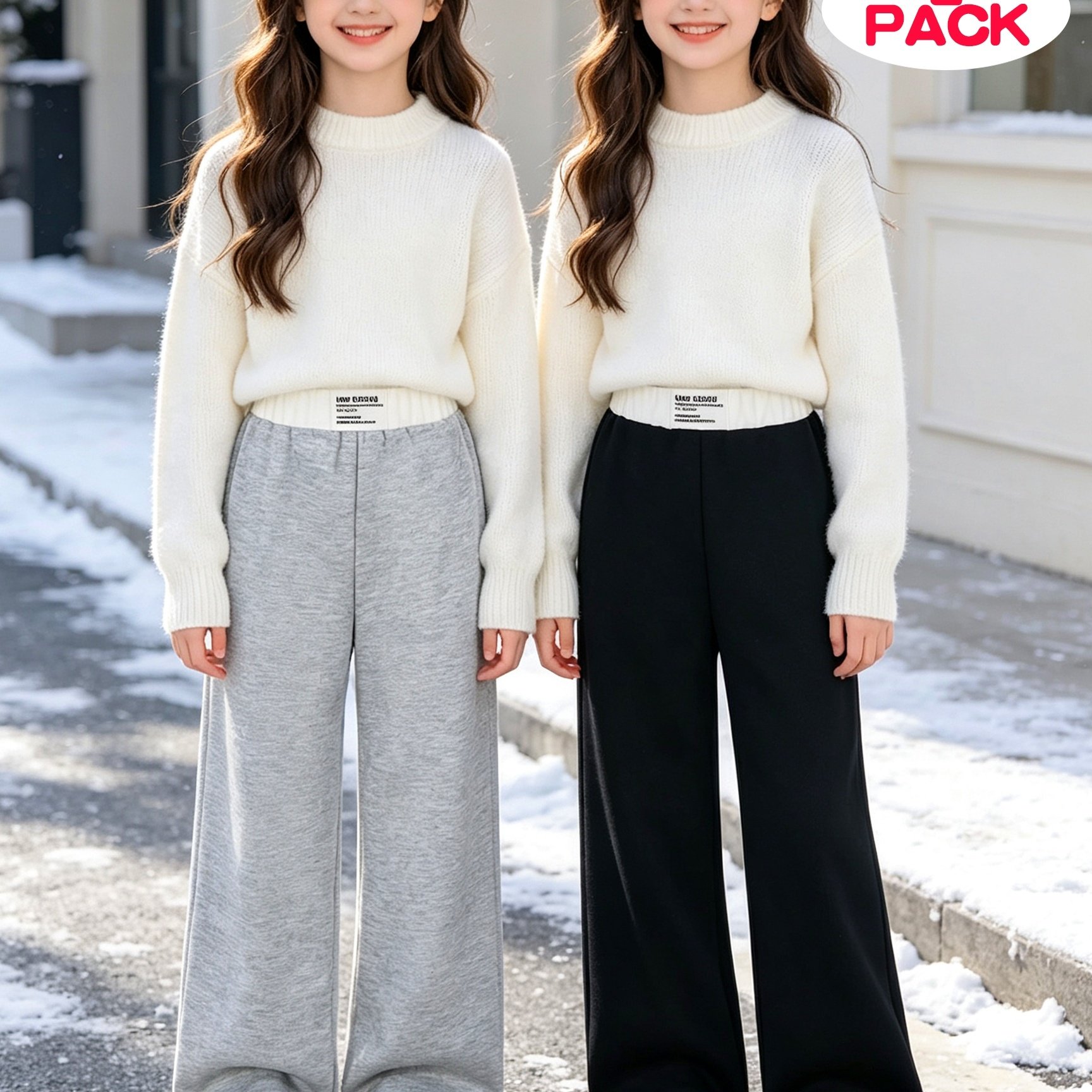 Image of 2-piece Set - Suitable For Autumn/winter - Girls' Size 120-160 - Stylish And Fashionable New Solid Color "letter" Zhangzi Design -lined Warm Straight-leg Trousers, Perfect For Outdoor