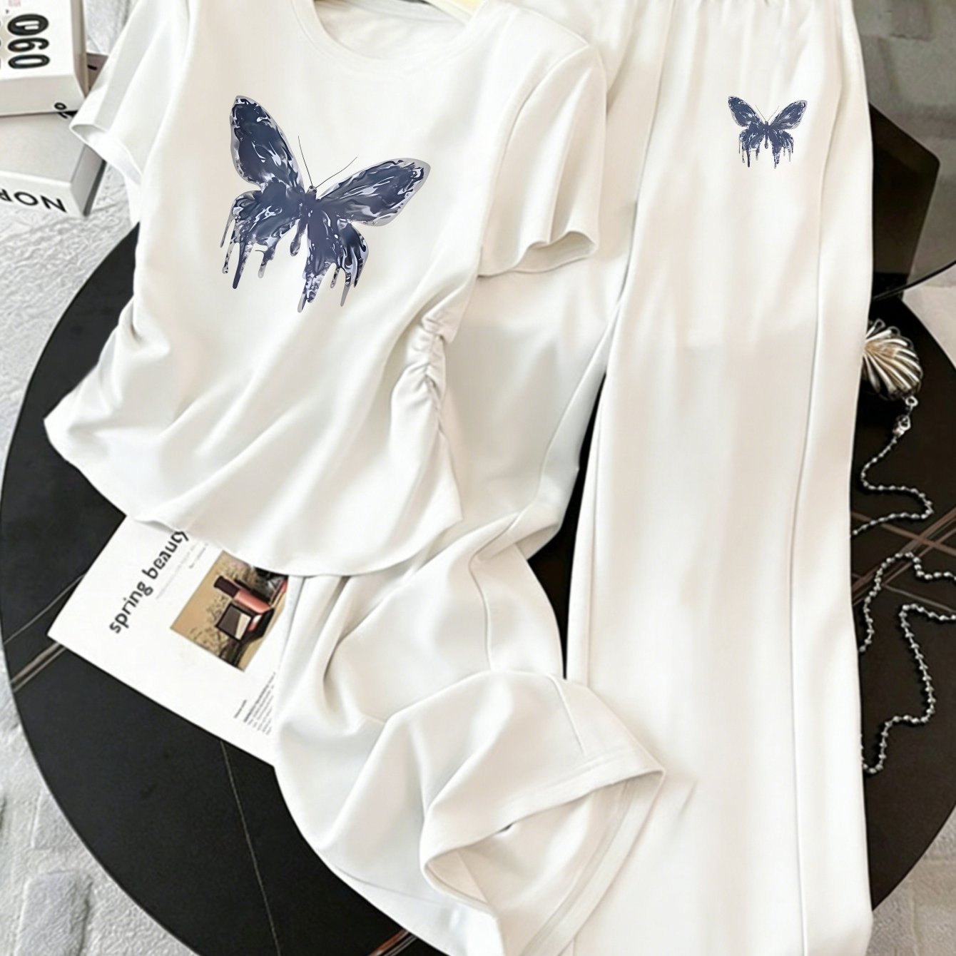 TEMU New 2026 Style, 2pcs Set: Y2k Style Versatile Women's T-shirt   Pants Set, Fashionable Trendy Print With Shirred Design, Slim Fit Casual,