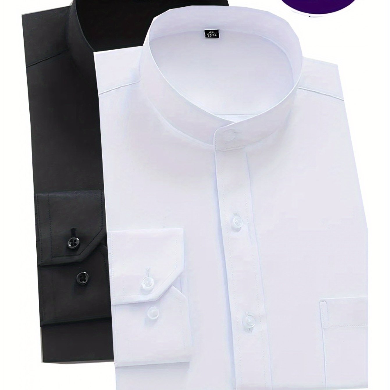 TEMU 2-pack Men's Stand Collar Long Sleeve Shirts- Solid Color Non-iron Business Casual Shirt Set Wrinkle-resistant Polyester Commuter