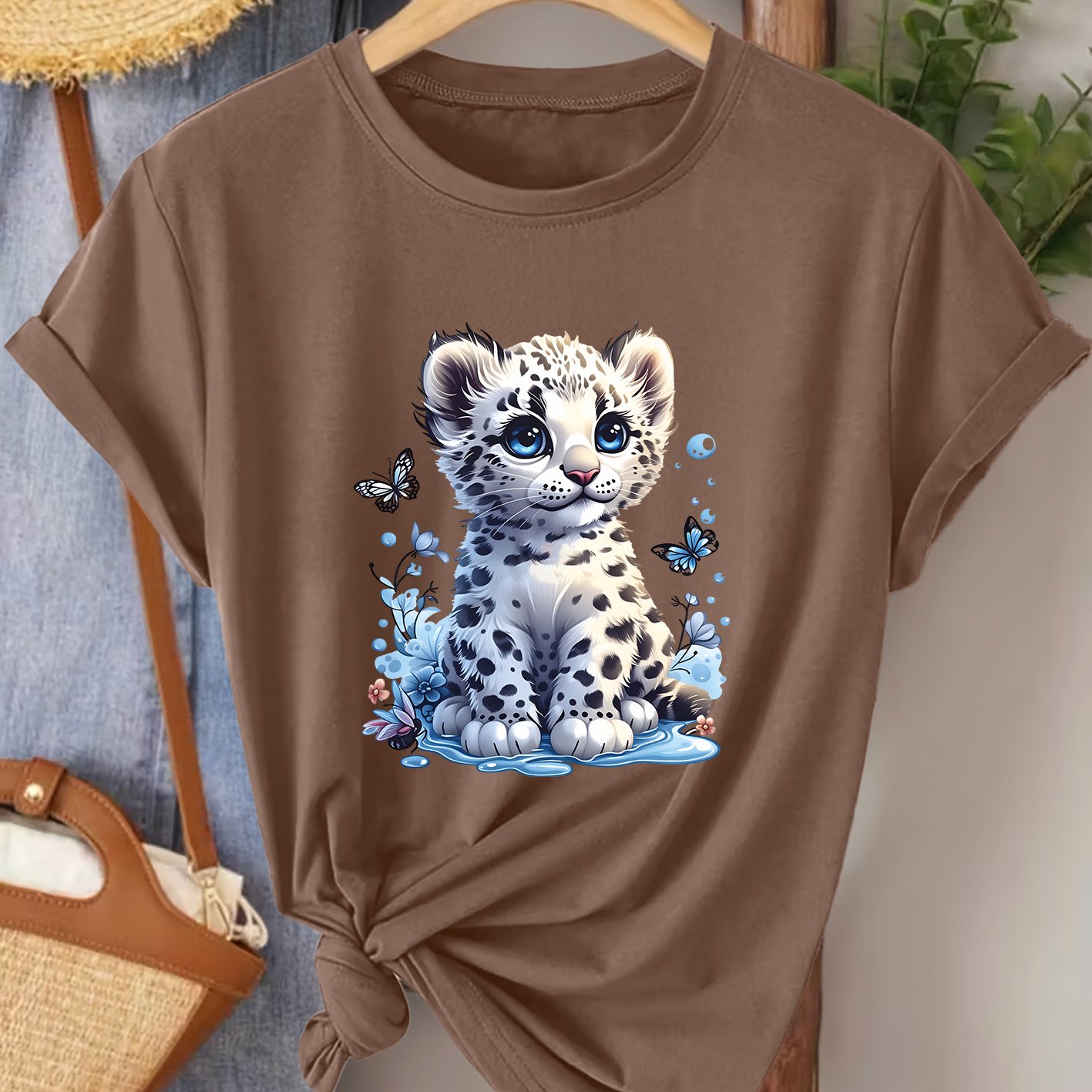 TEMU Women's Summer Clothing Featuring A Snow Leopard Cub And Print, And Vibe. This Round-neck Short-sleeve Casual T-shirt Is In Plus Sizes 1xl To