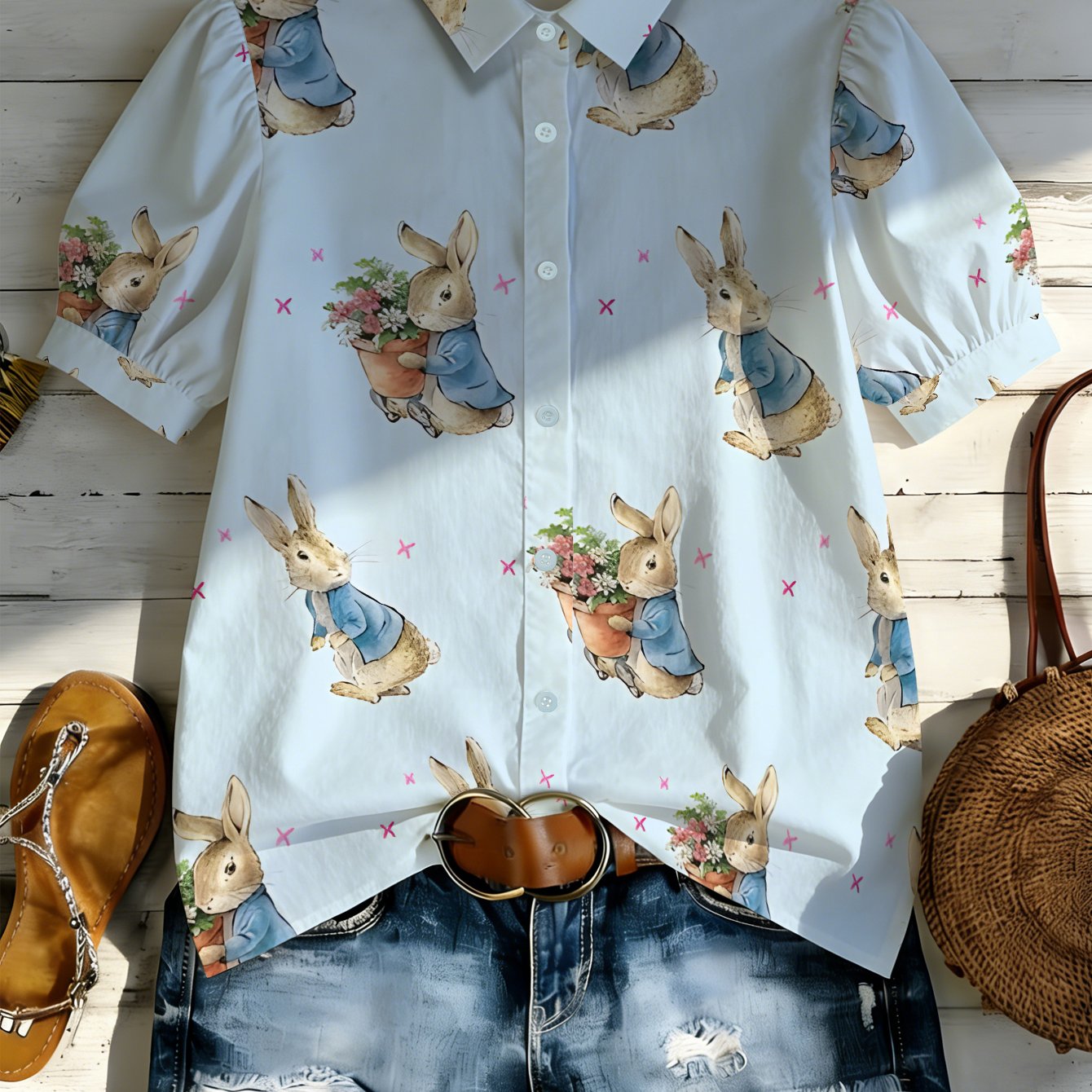 TEMU A Short-sleeved Casual Shirt For Women Featuring A Design Of A Rabbit With Flowers, Made From Breathable Material, Use, Beach Trips, Casual ,