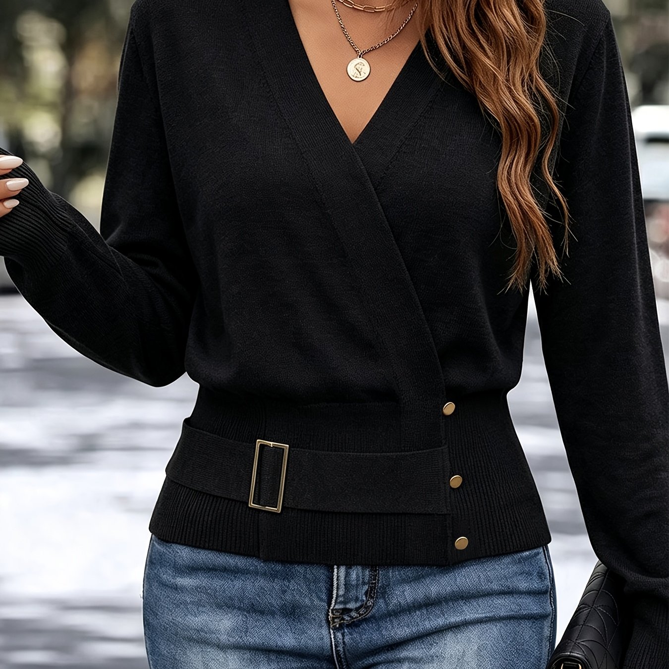 TEMU Women's Ins Fall Winter Cross-neck Pullover, Versatile Slim Fit Elegant Machine Washable Long Sleeve Sweater - Belt Metal Embellished Chest