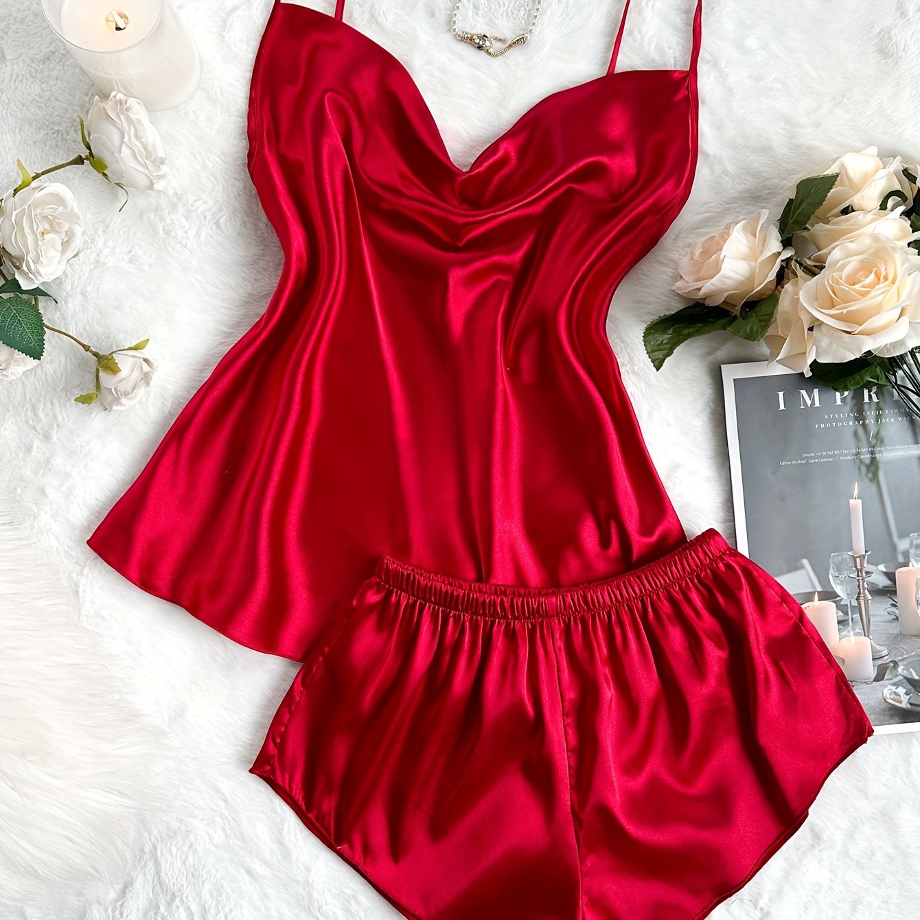 E-shop Damen Einfarbige Atmungsaktive Rüschenbündchen Camisole und Shorts Pyjama Set