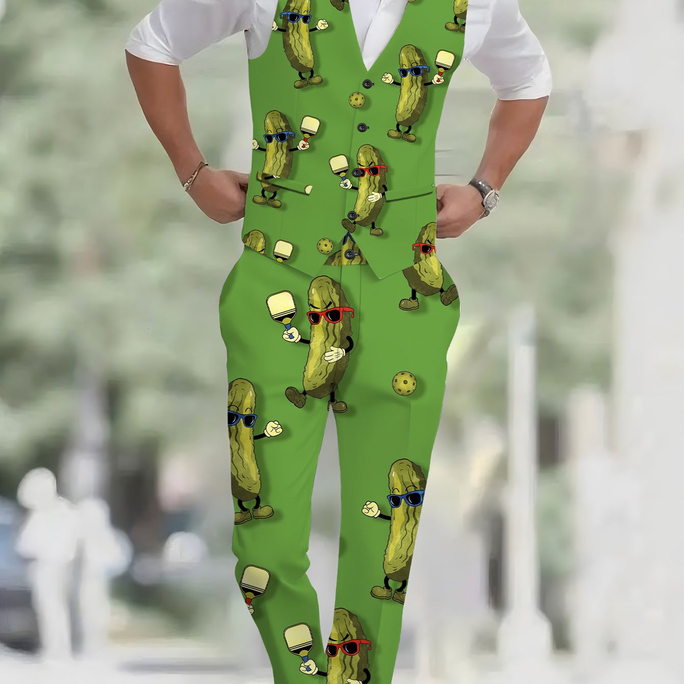 TEMU Men's Fashion 2pcs Vest   Trousers Set With Cartoon Cucumber Pattern Background, Casual And Stylish Suit Jacket Plus Pants Combo For Classic