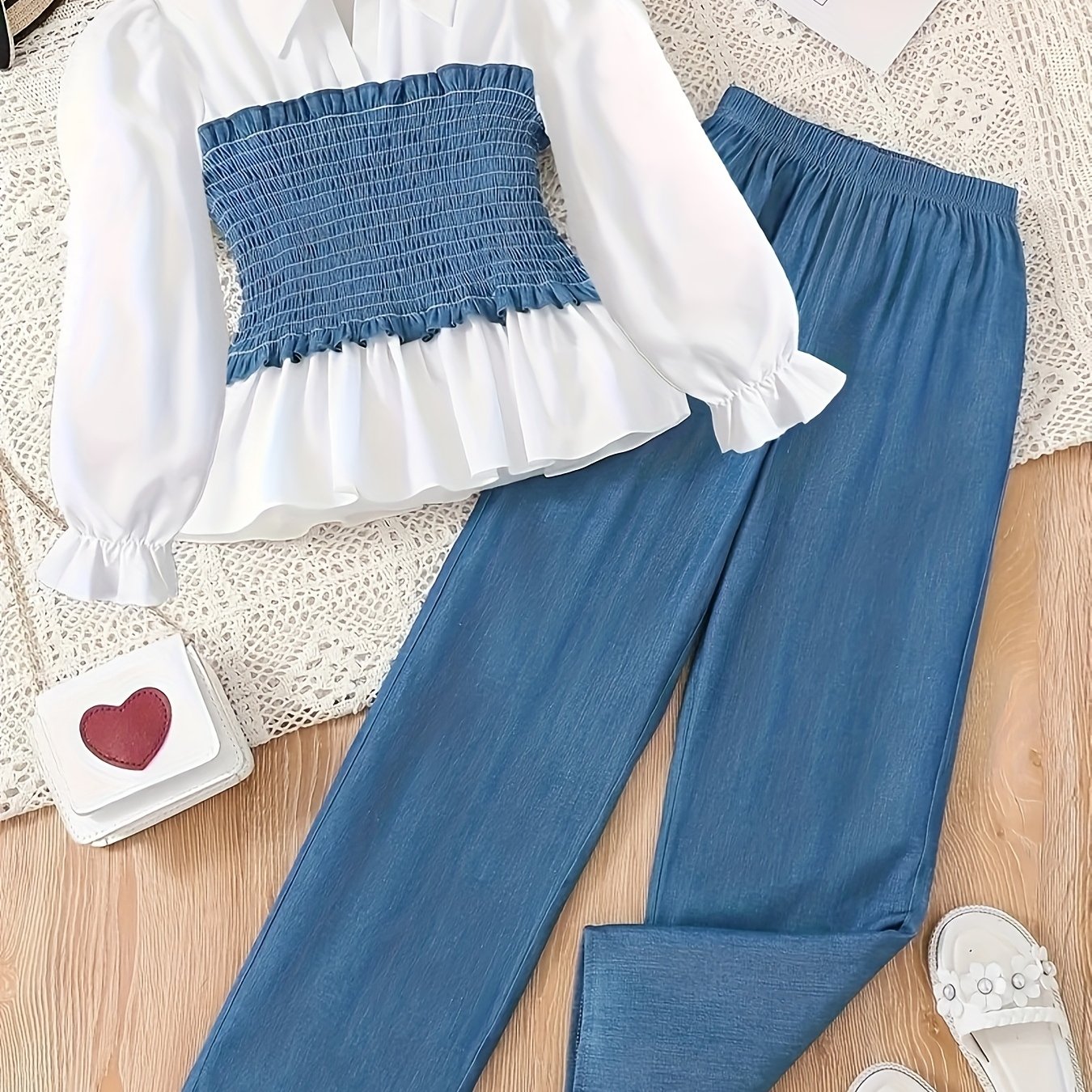 Image of Girls Fashion 2pcs Set With Notched Collar Shirt And Wide-leg Pants In Blue - Polyester, Stretch Fabric, Machine Washable For Spring/autumn, Perfect For Outdoor,back To School,christmas,halloween