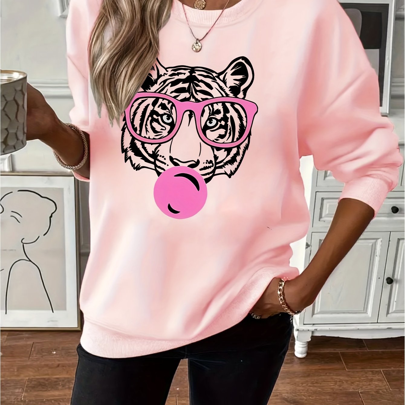 TEMU Animal Theme Tiger With Glasses Print Women's Round Neck Sweatshirt Top