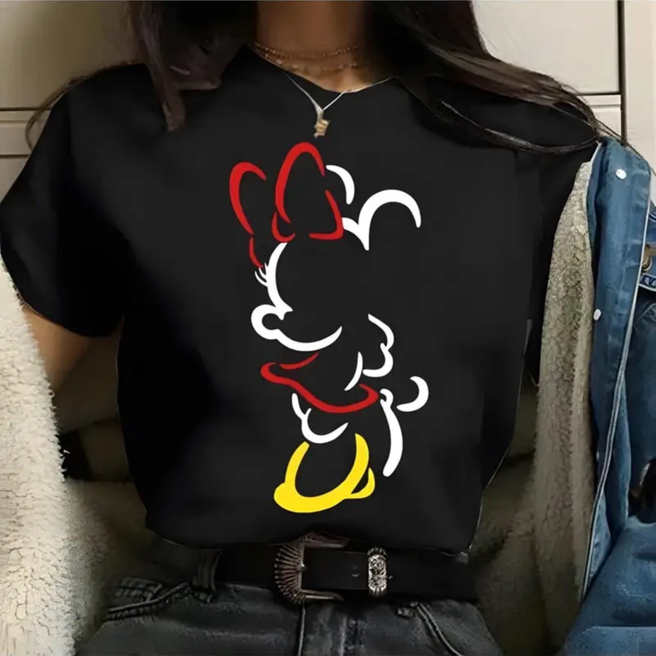 TEMU Mouse Women's -shirt - Black With Red & Yellow Graphic, Short Sleeve, Round Neck, Casual Fit, Hip-hop Street Style, , Machine Washable, Gift For Fans, Casual Wear |