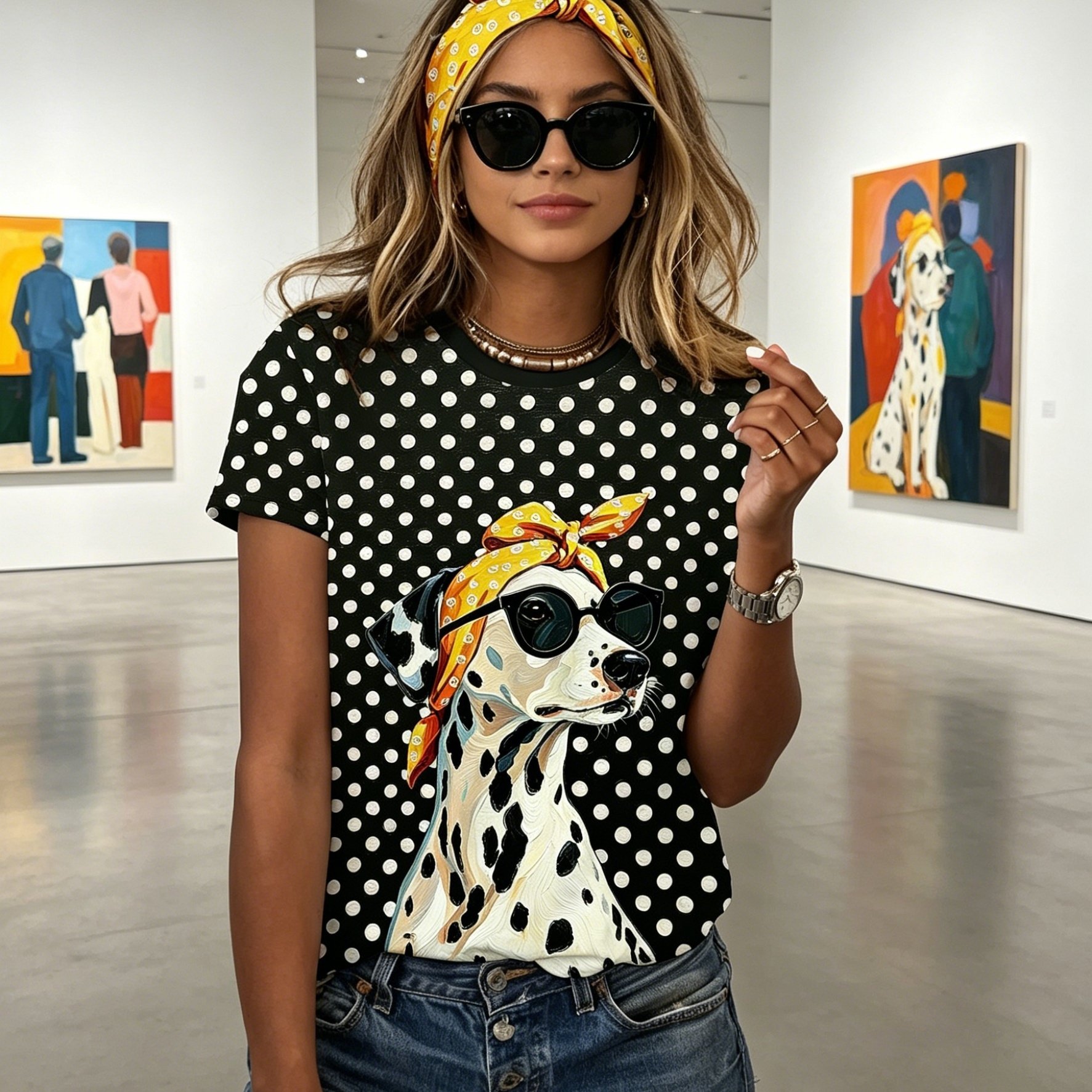 TEMU Women's Round Neck Short Sleeve T-shirt, Summer Style, Polka Dot Print, Fashion Glasses Graphic Color Scheme, Casual And Versatile, Street