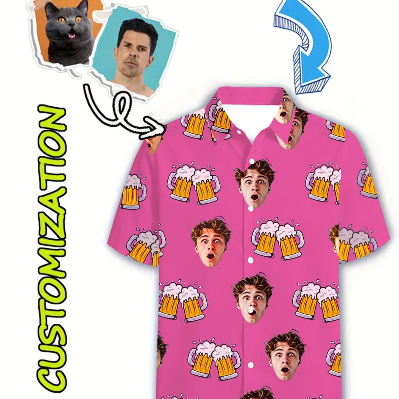 TEMU Plus Size Men's Custom Hawaiian Shirt - Personalized Full Face Pattern And Beer Print, Lightweight Polyester Tropical Style Summer Beach