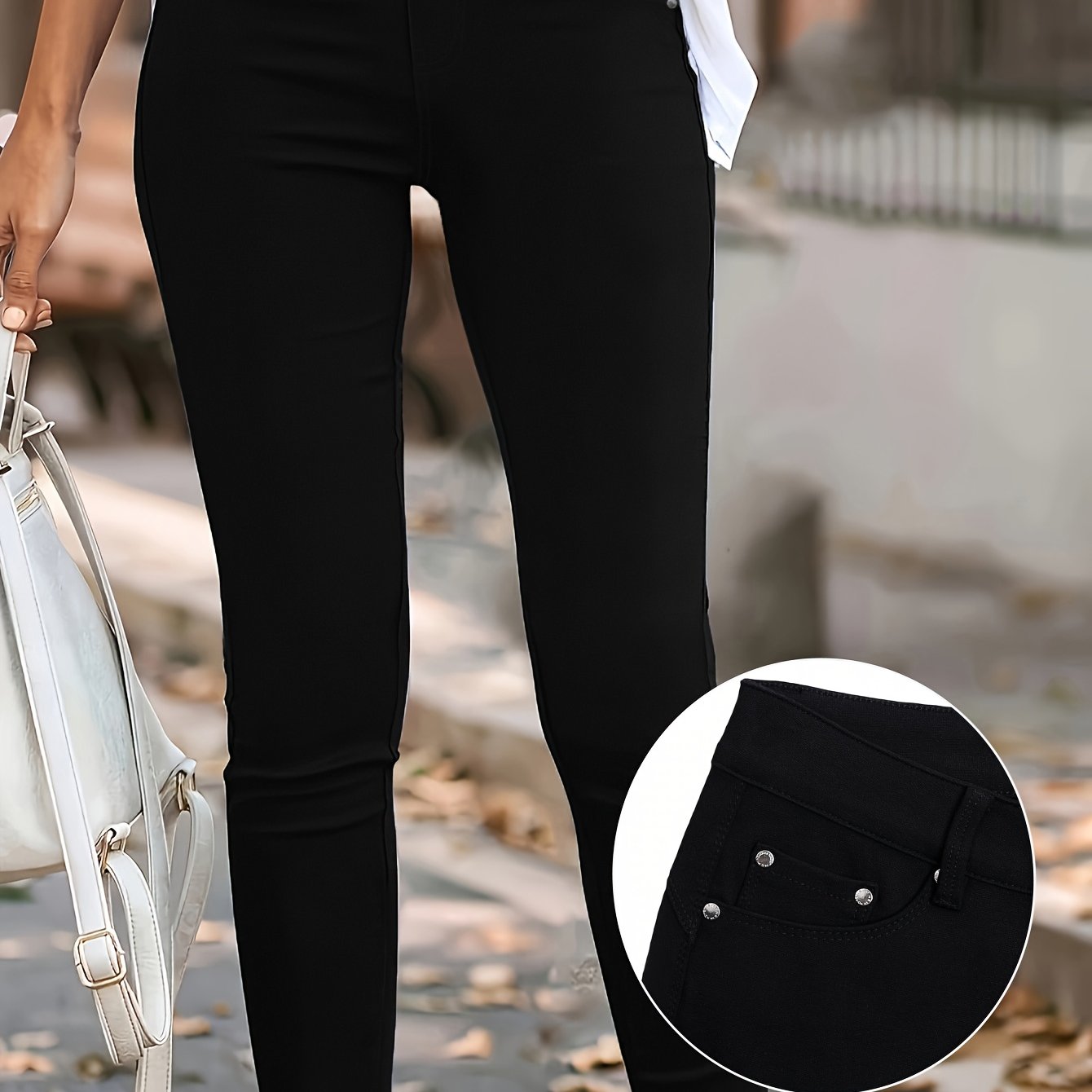 Image of Women' Style Casual Long Pants With Rivet Details And Pockets, Stretch Slim-fit Denim Trousers