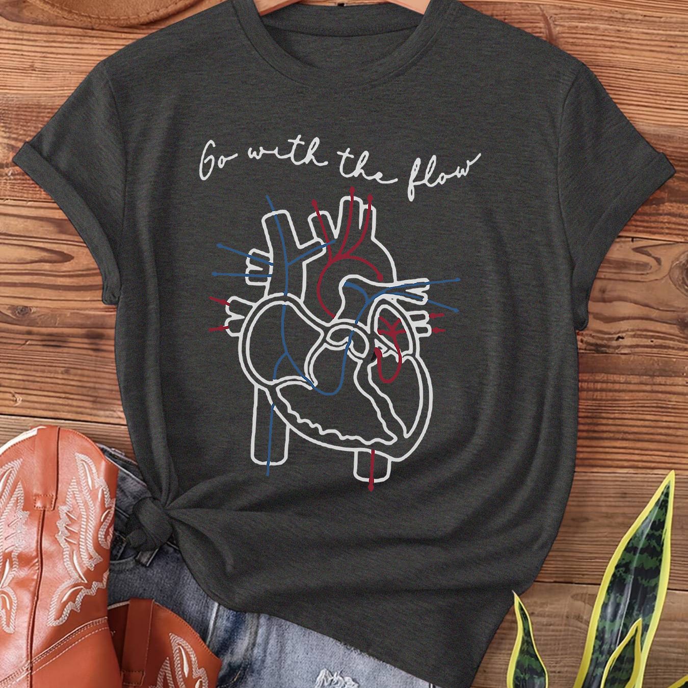 TEMU Women's Nurse Anatomical Heart Graphic T-shirt - "go " Slogan, Vein Design, Short Sleeve Crew Neck Casual Top, Semi-sheer Machine Washable Tee,