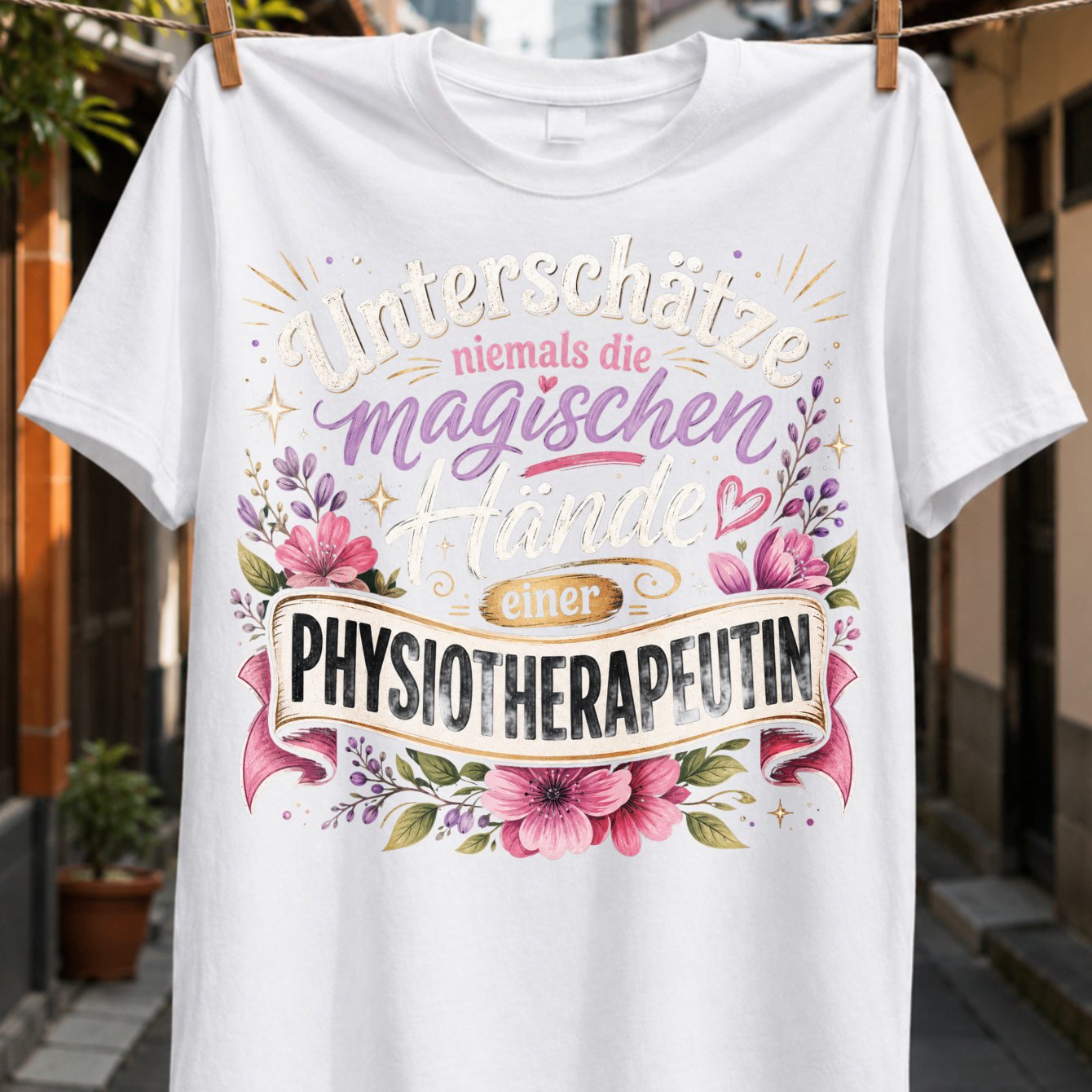 Image of Never The Magical Hands Of A Physiotherapist German Quote With Pink Flowers Banner And Sparkles Unisex All T-shirt