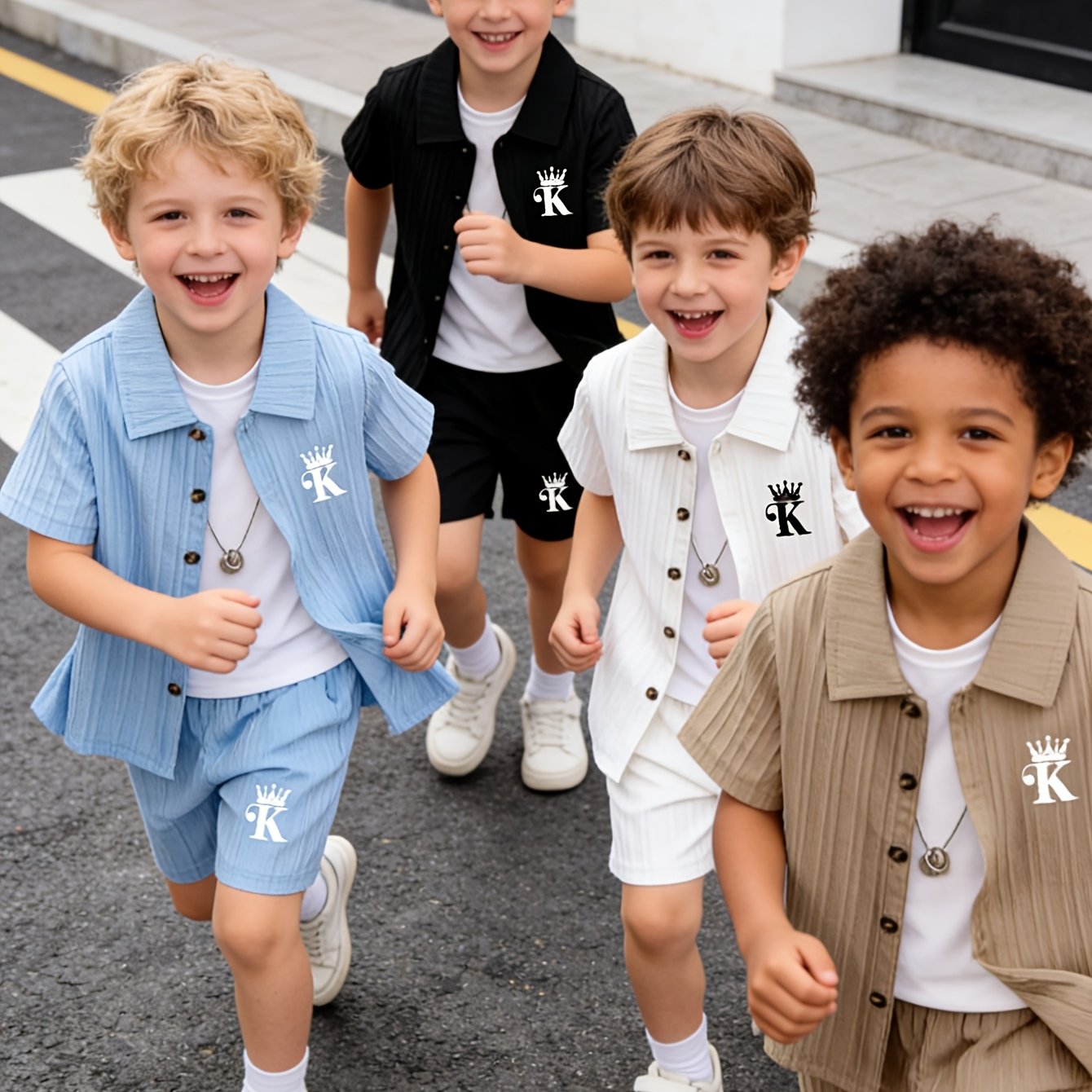 Image of Summer Boys' Short Sleeve Set (random 2pcs Clothes And 2pcs Pants) Textured And Stylish, Refreshing For Summer. This Textured Short Sleeve Set Is Designed For Boys, For Outdoor