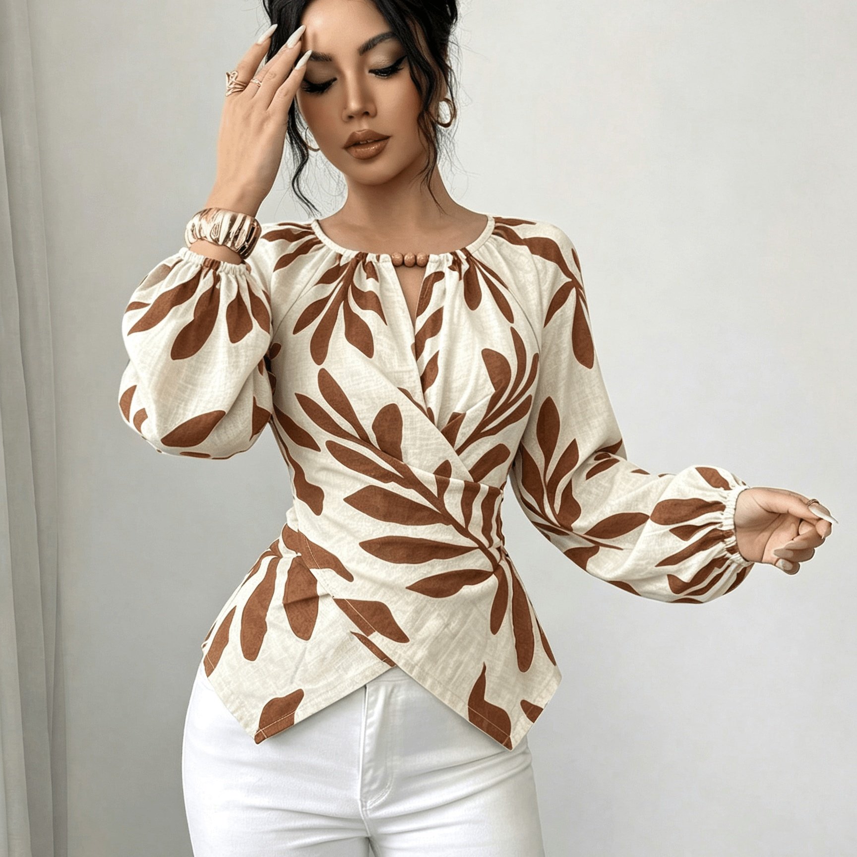 TEMU Vintage Women's Wrap Top With Botanical Leaf Print, Wooden Bead Embellishments, Small V-neck, Lantern Long Sleeves, Back Tie Waist For
