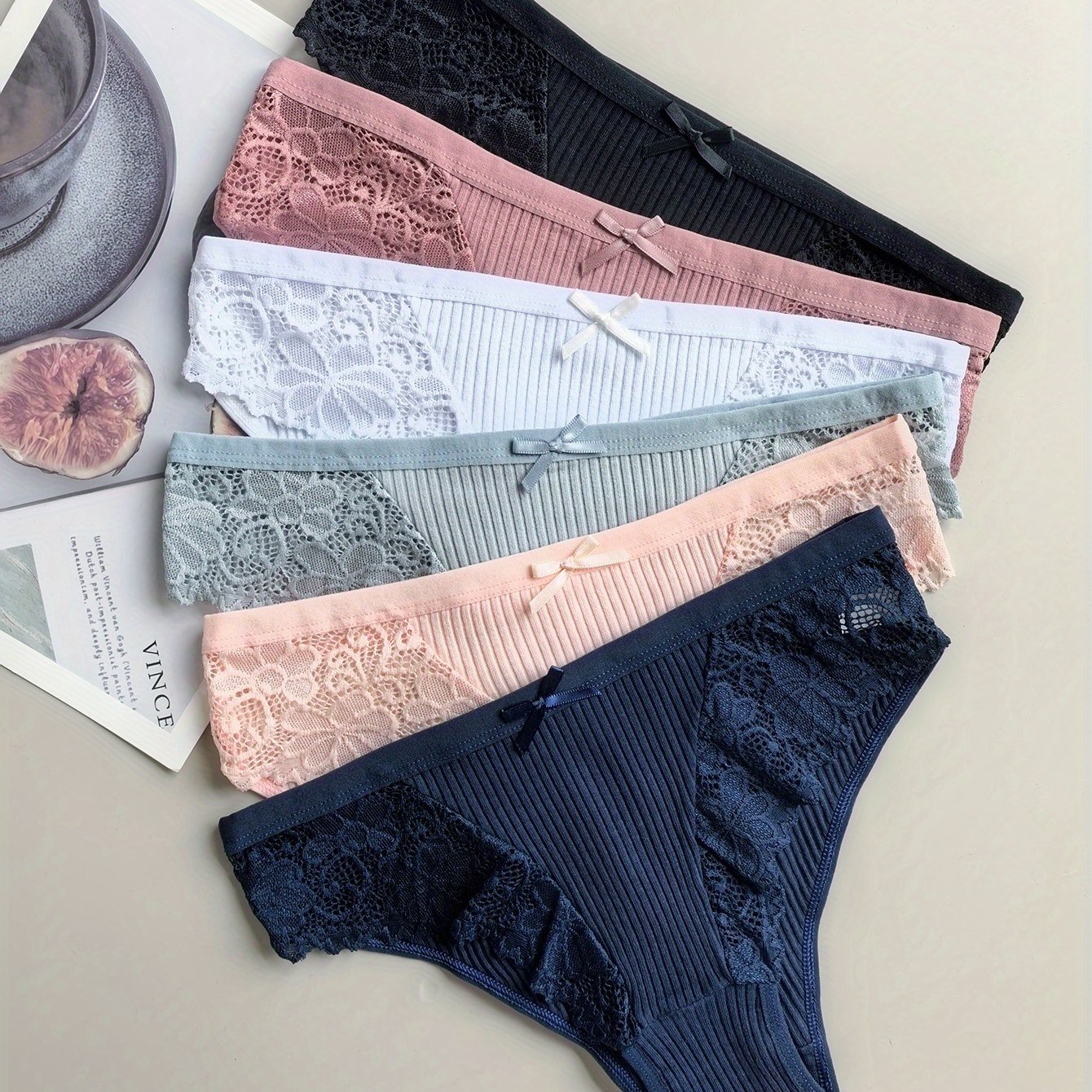 Image of 6pcs Set Of Easy Solid Low-waist Women's Underwear, Fashionable Ribbed Breathable Lace Spliced Body-hugging Women's Bikini Pants