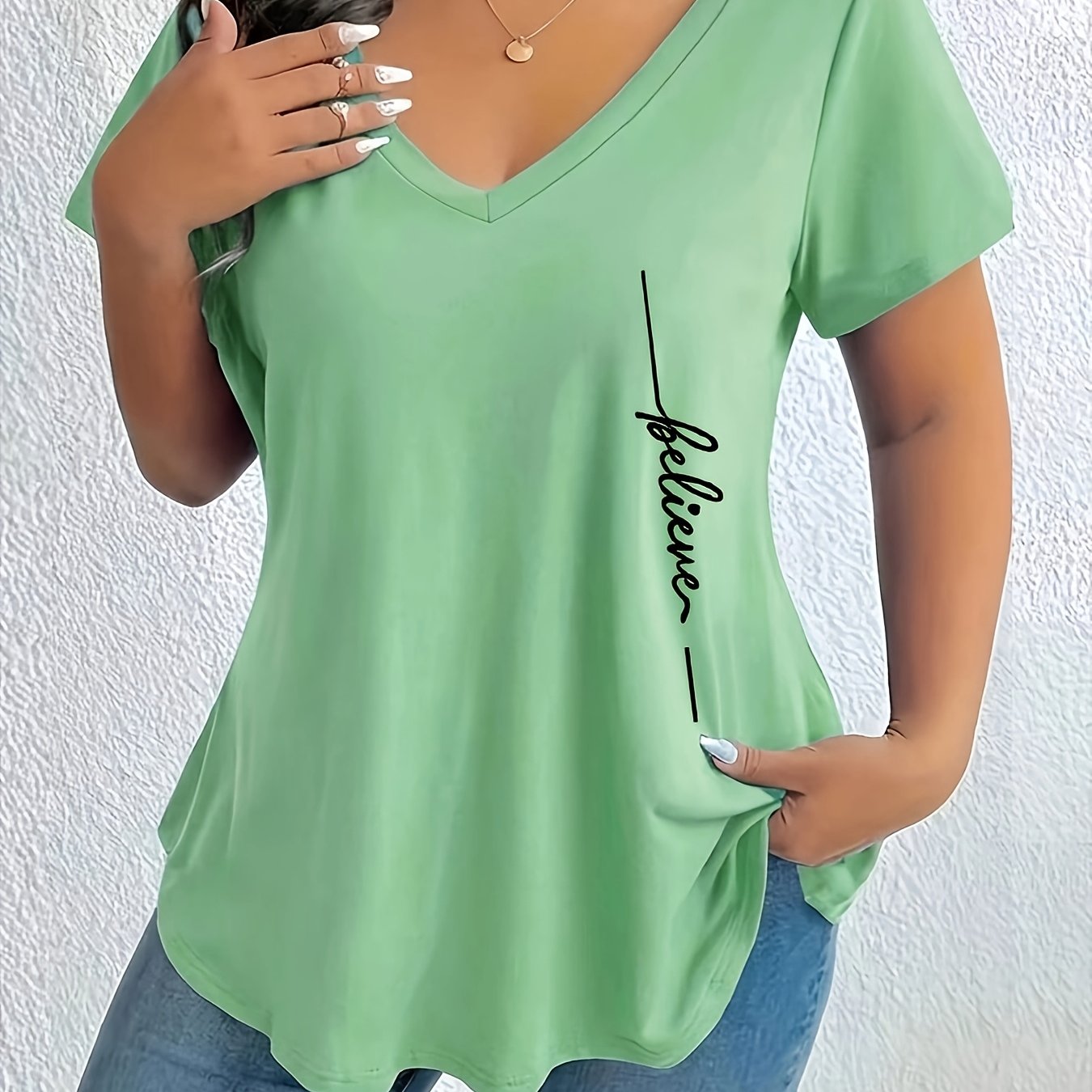 TEMU Plus Size, Plus Size Women's V-neck Geometric Pattern T-shirt