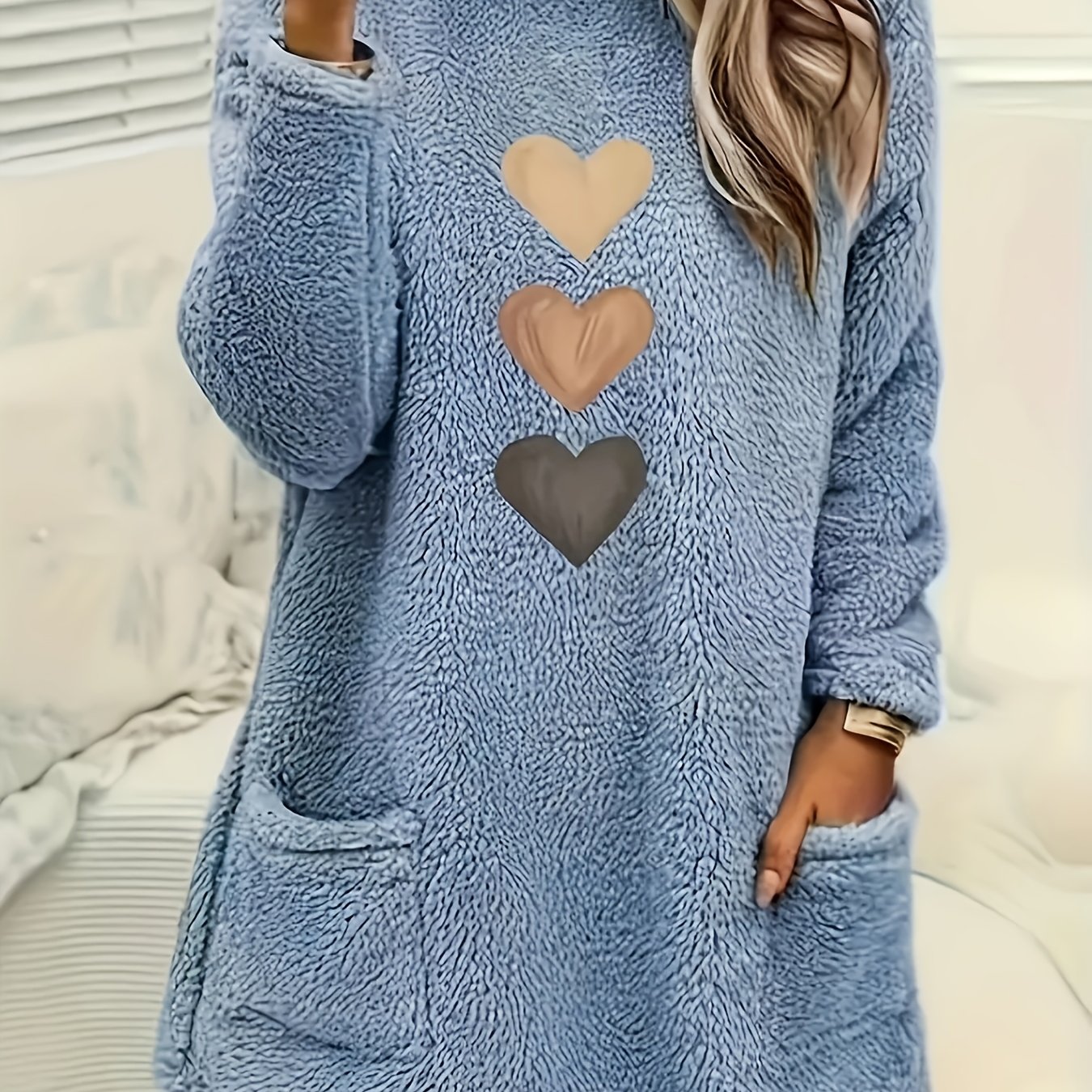 E-shop Gemütliches Teddy-Fleece Damen-Lounge-Top mit Herzdruck - Langarm, Dicker Plüsch-Pullover mit für