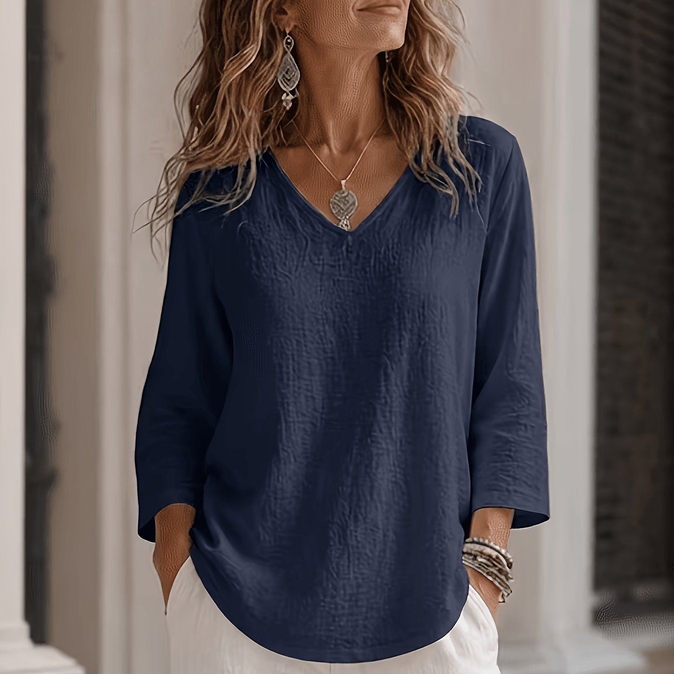 TEMU Blusa de mujer elegante, cómoda, de color sólido, cuello en V y