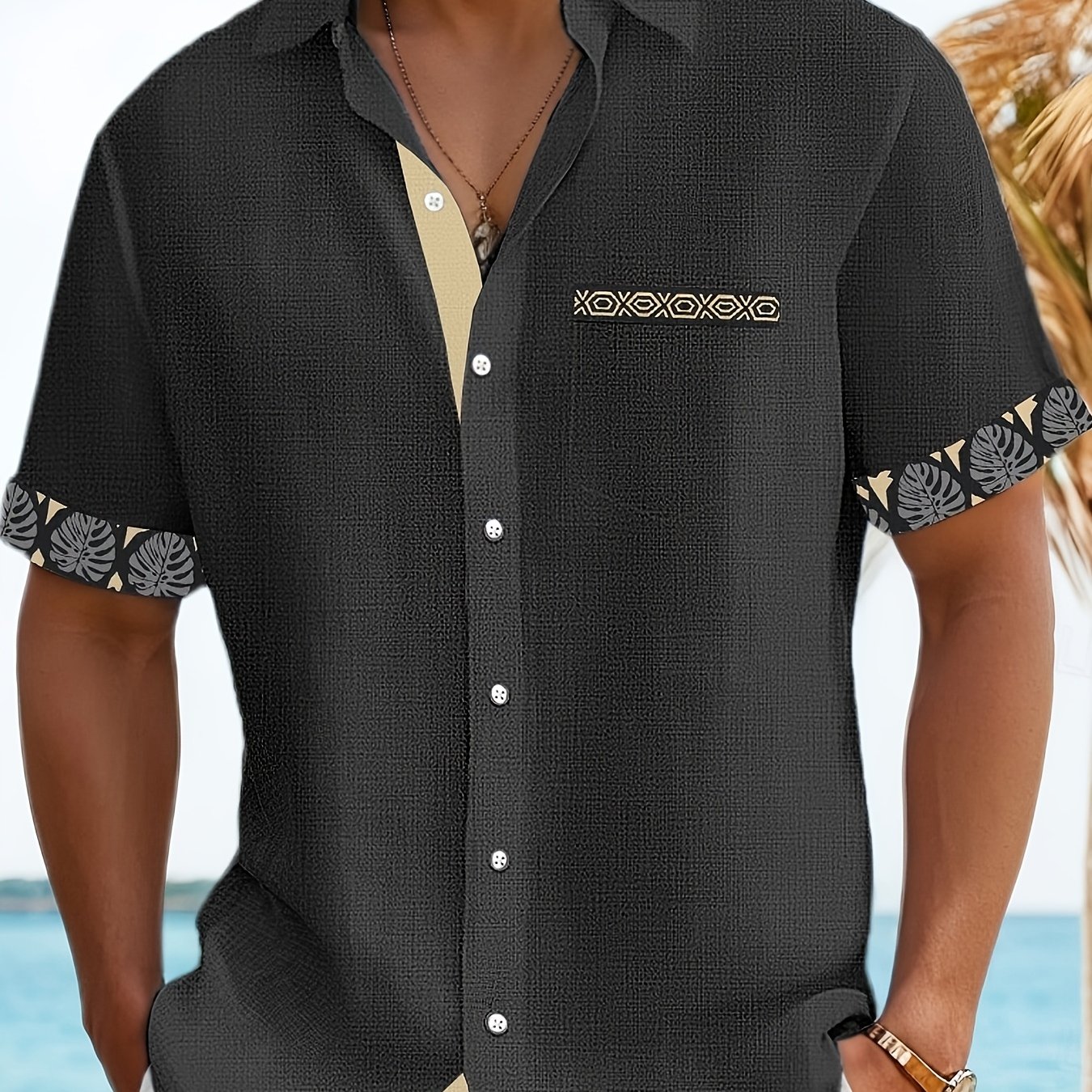 Image of Men's Fashion Print Lapel Short Sleeve Casual Shirt With Chest Bag 3593c