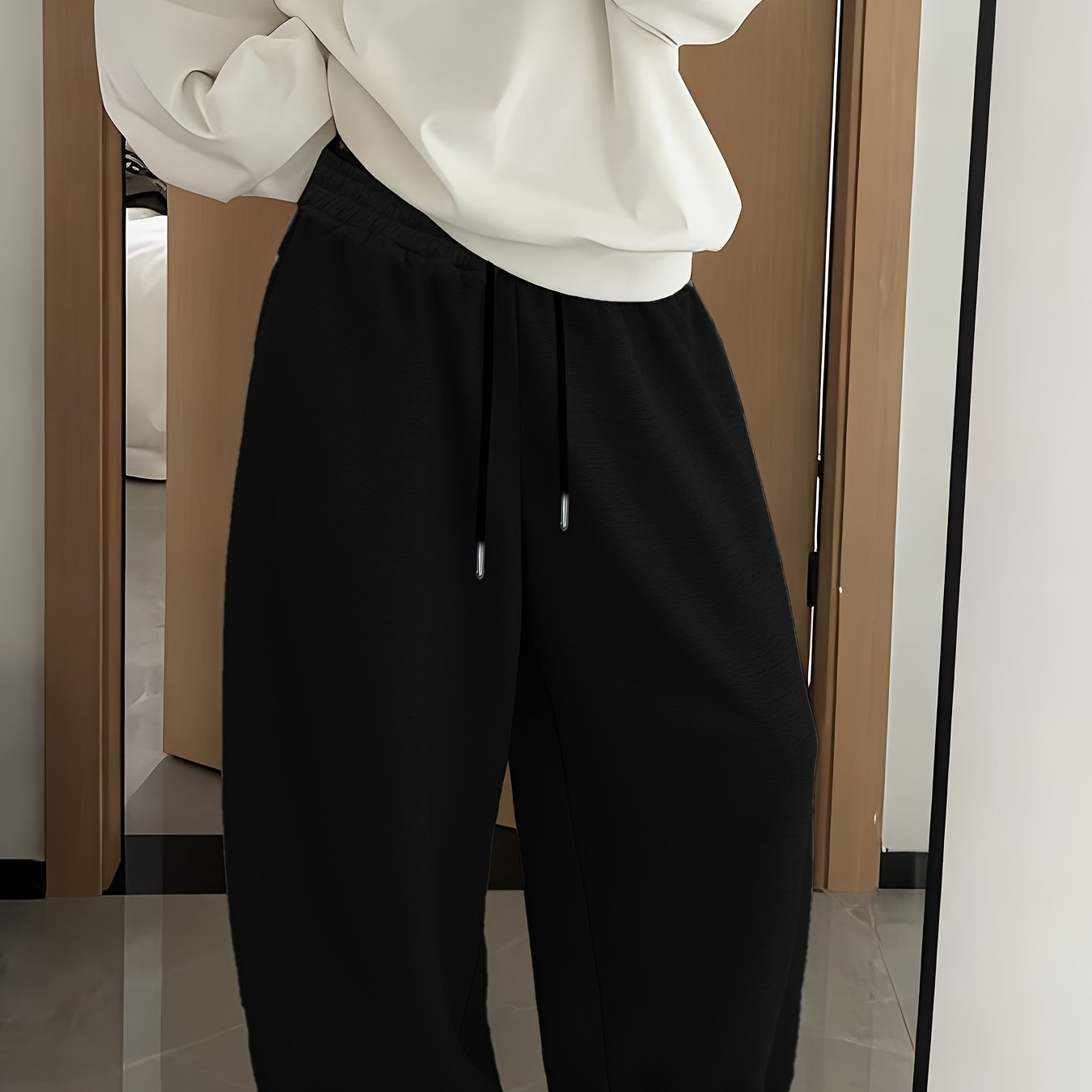 TEMU Women's Comfortable Loose Drawstring Pants - Ladies' Casual Wide-leg Trousers, Elastic Waist-cinching, Loose Micro-elastic Fabric, Machine