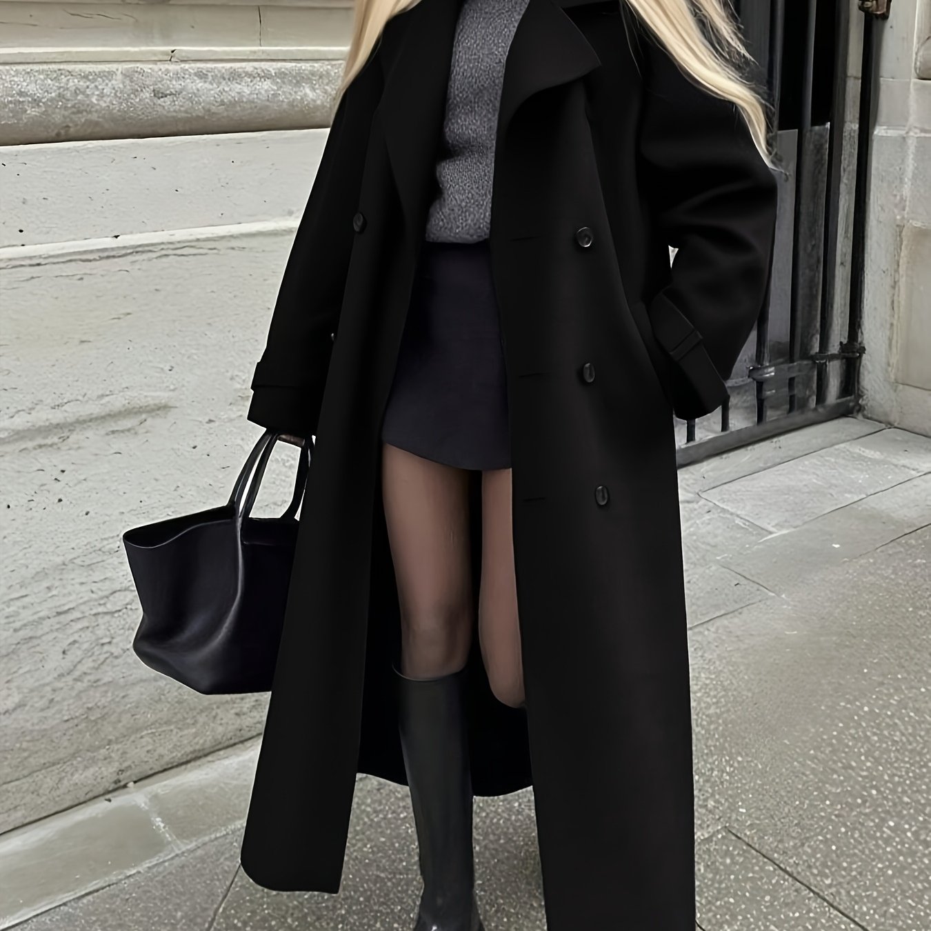 TEMU Women's Oversized Lapel With Sleeves, A Relaxed Straight-cut Overcoat With Side Slits, An Elegant, Versatile,, And Warm Top, A Stylish Women's