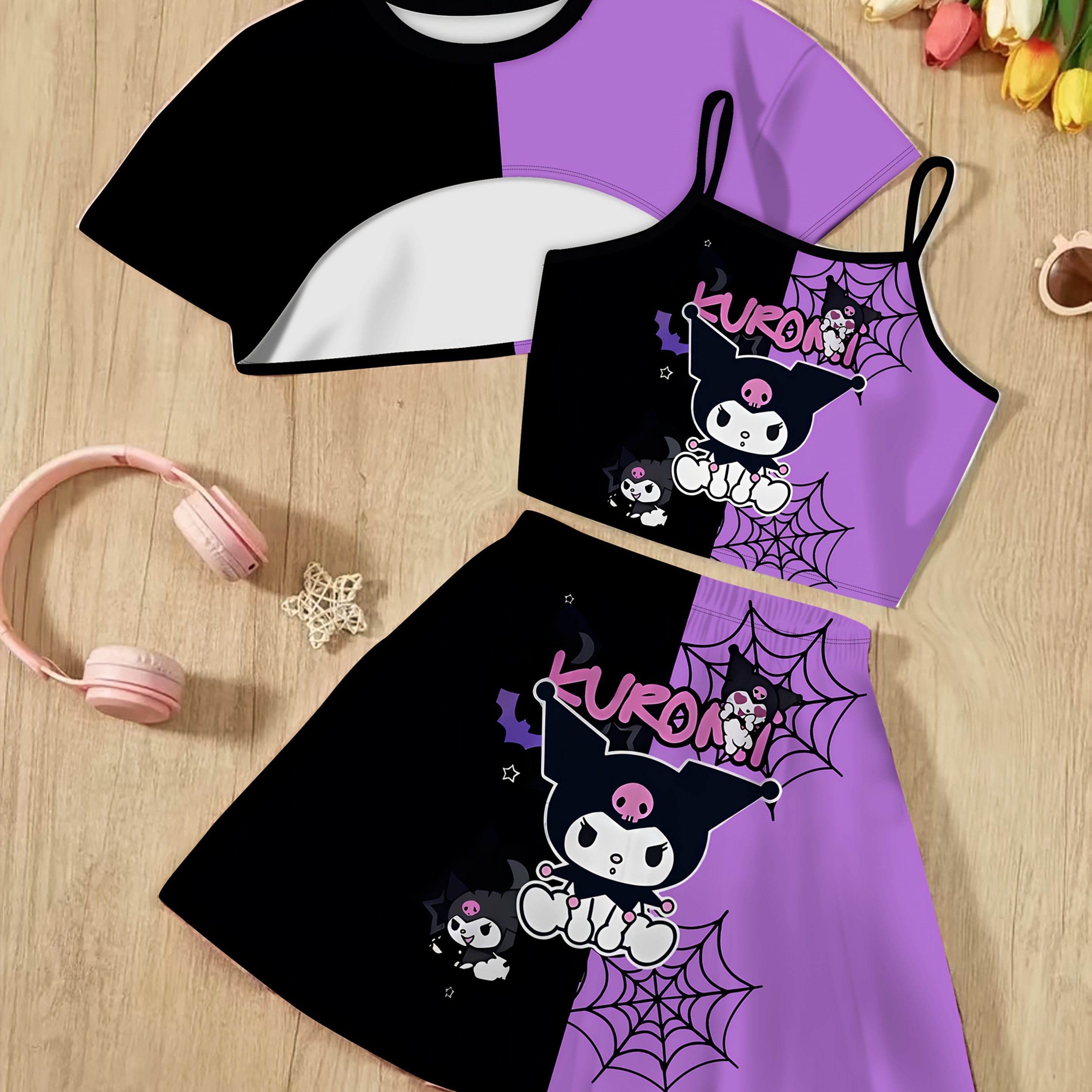 Cute Casual Three-Piece Set for Girls Featuring a 3D Print Round-Neck Top with a Curved Hem, a Small * Top, And a *, All * with *&#39;S for * Design.