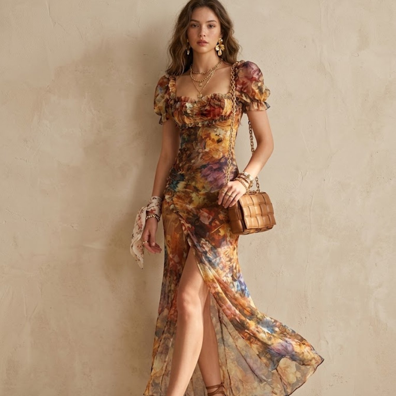 Image of Elegant Bohemian Style Abstract Floral Neck Maxi Dress With Slit