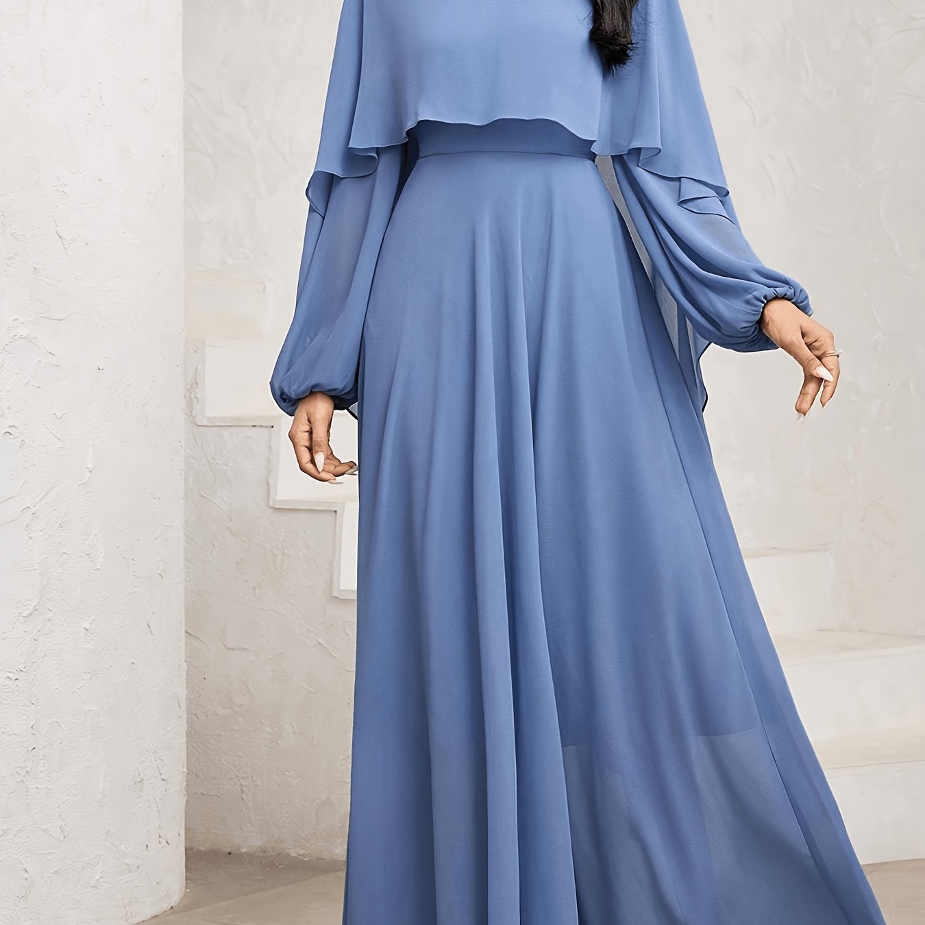 E-shop Haze Blau Chiffon Kleid Damen Langes Über-Knie Taillen Umhang Ärmel Kleid Dating Party Kleid