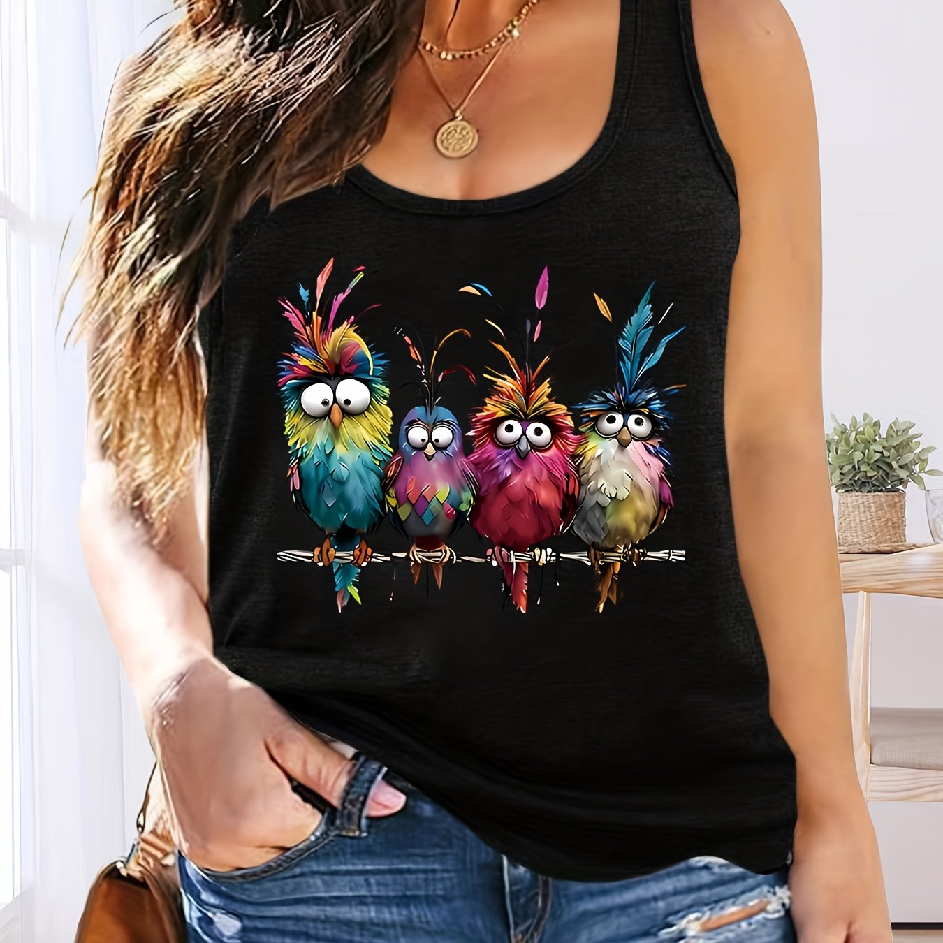 E-shop Farbenfrohes Eulendruck-Tanktop in Übergröße, lässige Ärmellose Schürze aus Polyester-Knitstoff mit mittlerem Stretch, für alle Jahreszeiten