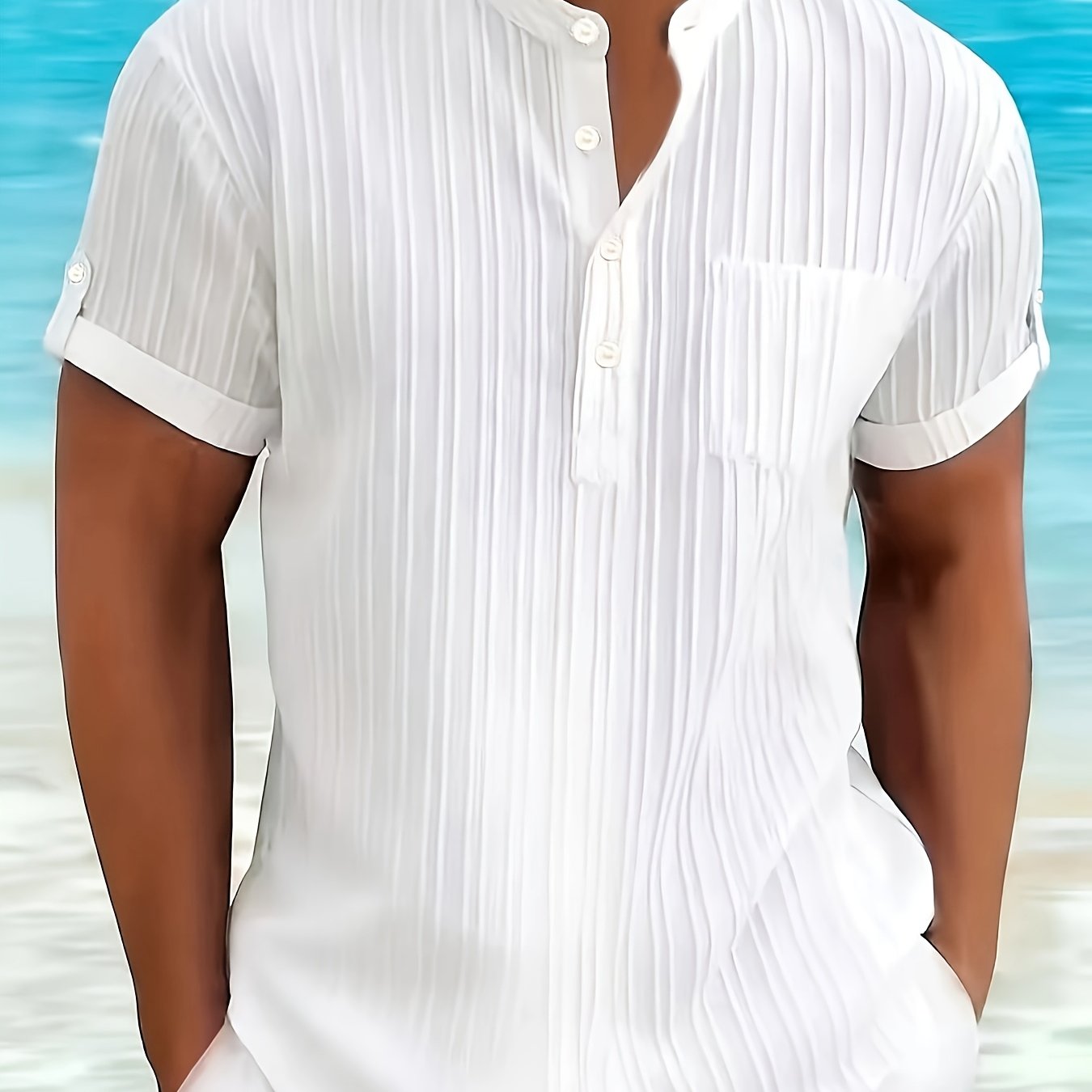 TEMU Vacation-style Half-opening   Chest Patch Pocket Lightweight Breathable Casual Shirt