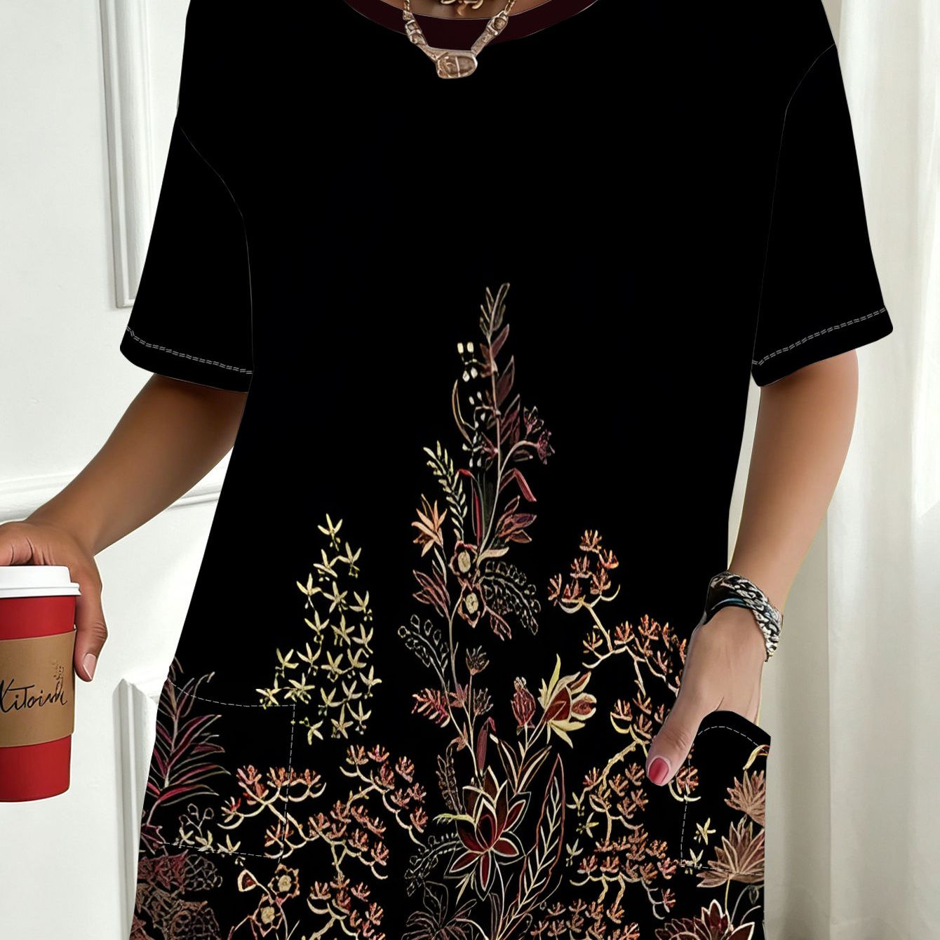 TEMU 1pc Black Floral Print Loose Fit Short Sleeve T-shirt With , Ideal For Daily Commuting, Beach Vacation, Casual Gatherings, , Versatile,