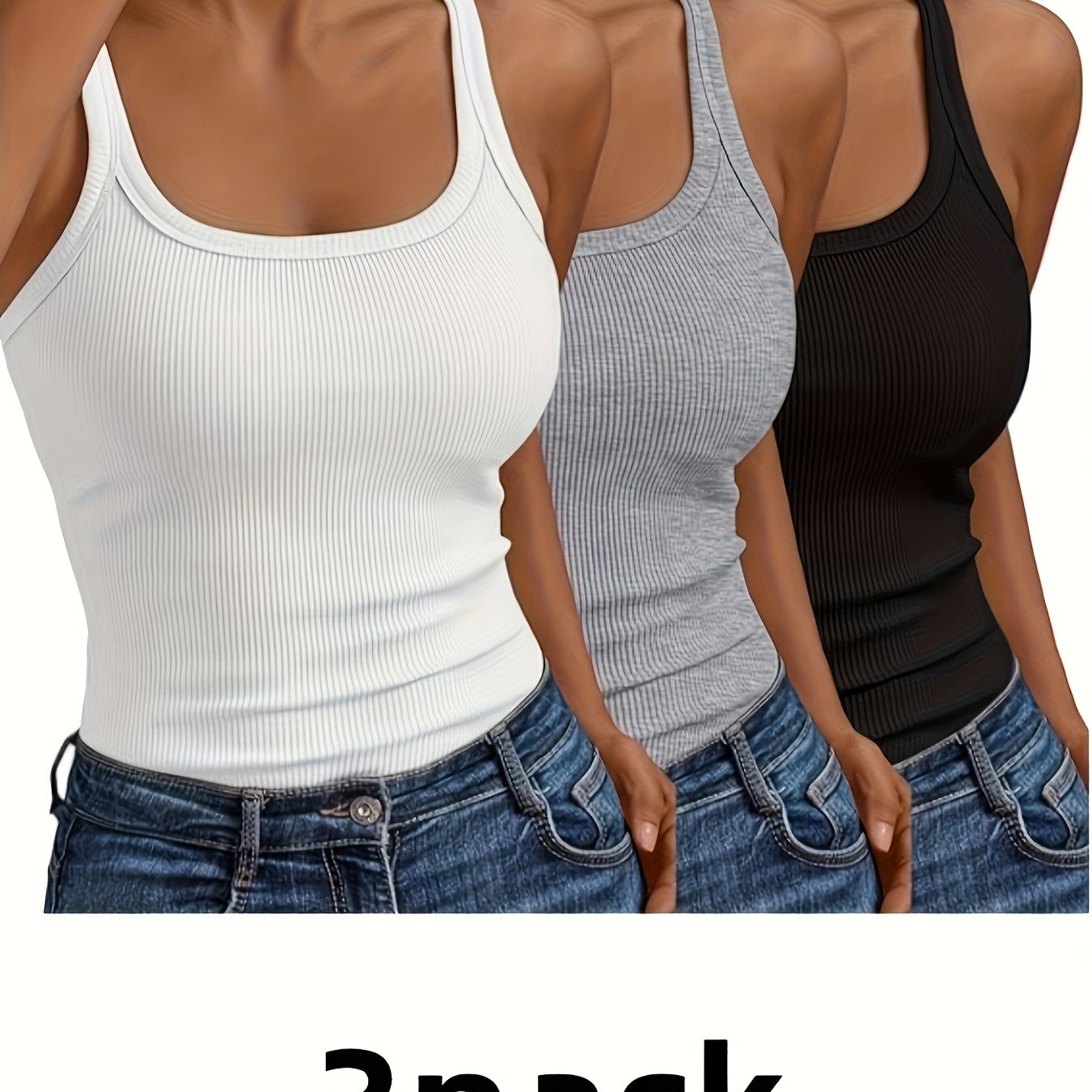 Image of 3pcs Plus-size Women's Fashion, Comfortable, Casual, Y Ribbed Tank Top - Breathable, Fitted, No-padding S & Tank Top, Strappy Casual Base Layer - Versatile Solid Color