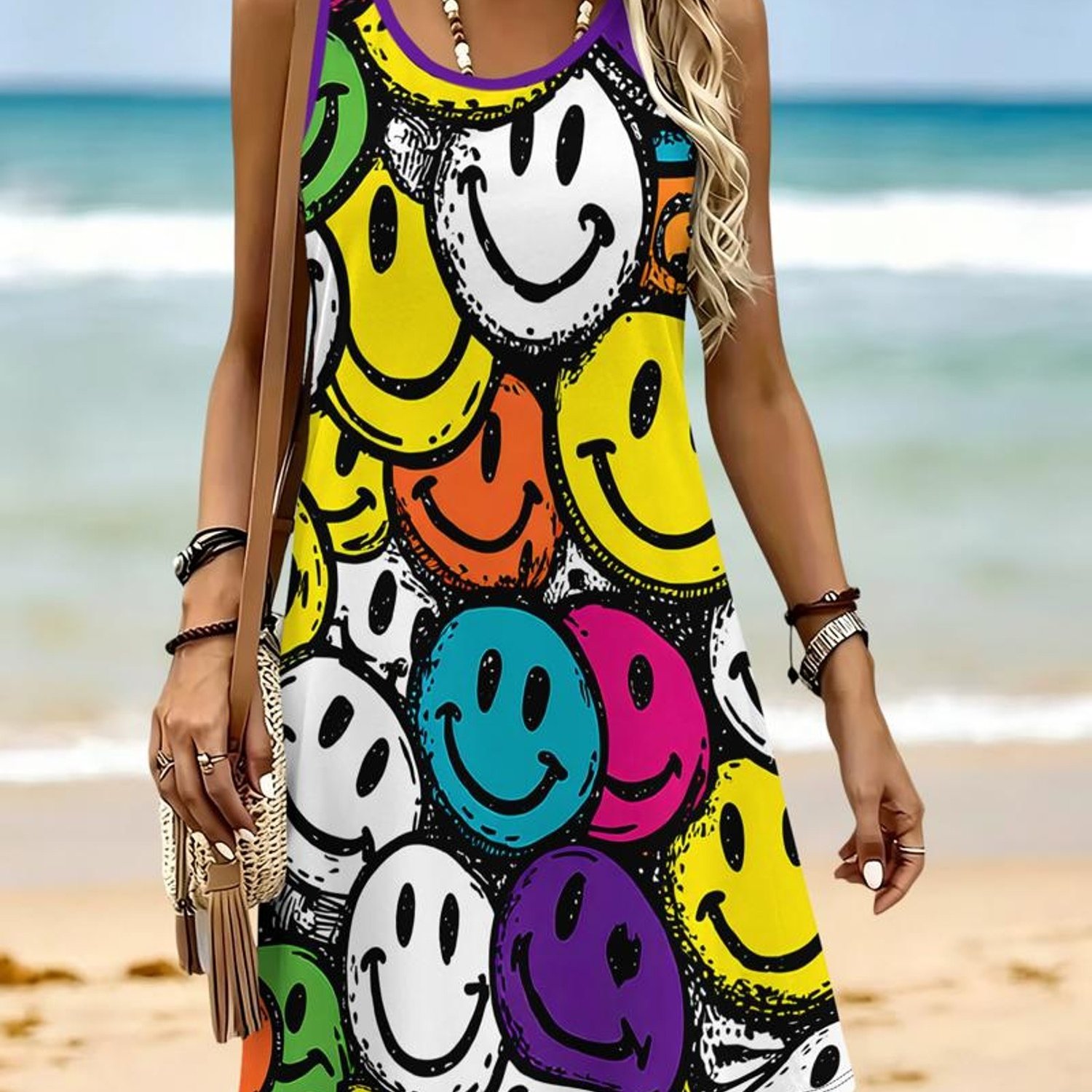TEMU Women's Colorful Print Sleeveless Tank Dress, Casual A-line Mini Sundress For Summer Beach Vacation, Travel, And Daily Wear