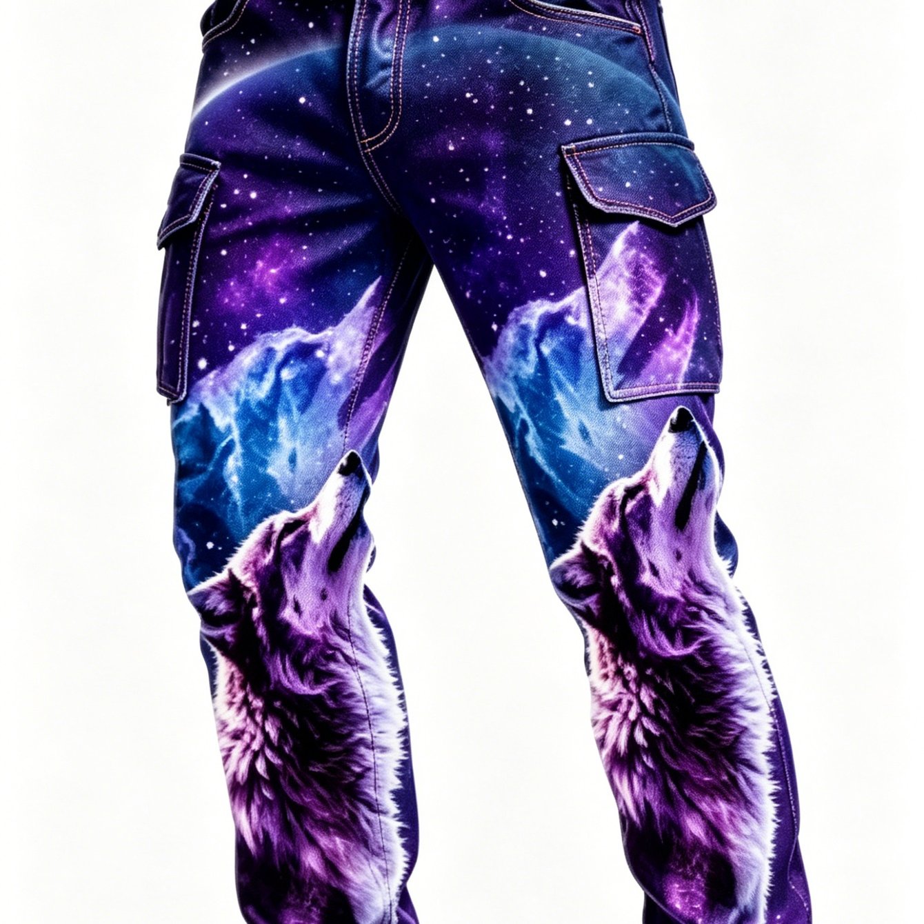 Men's Starry Sky Wolf Digital Printed Multi-pocket Cargo Pants, Wear, Suitable For Daily And Outdoor Activities