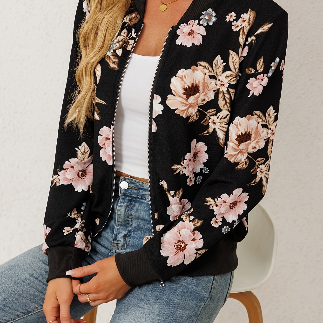 Image of Spring/summer New Women's Fashion Floral Print Baseball Collar Zip-up Casual Long Sleeve Jacket