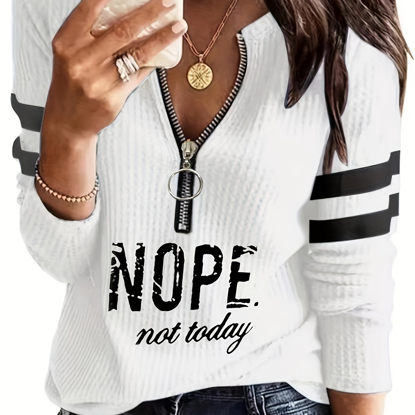 Stripe & Letter Print Zip Front T-shirt, Casual Long Sleeve Top For Spring & Fall, Women's Clothing