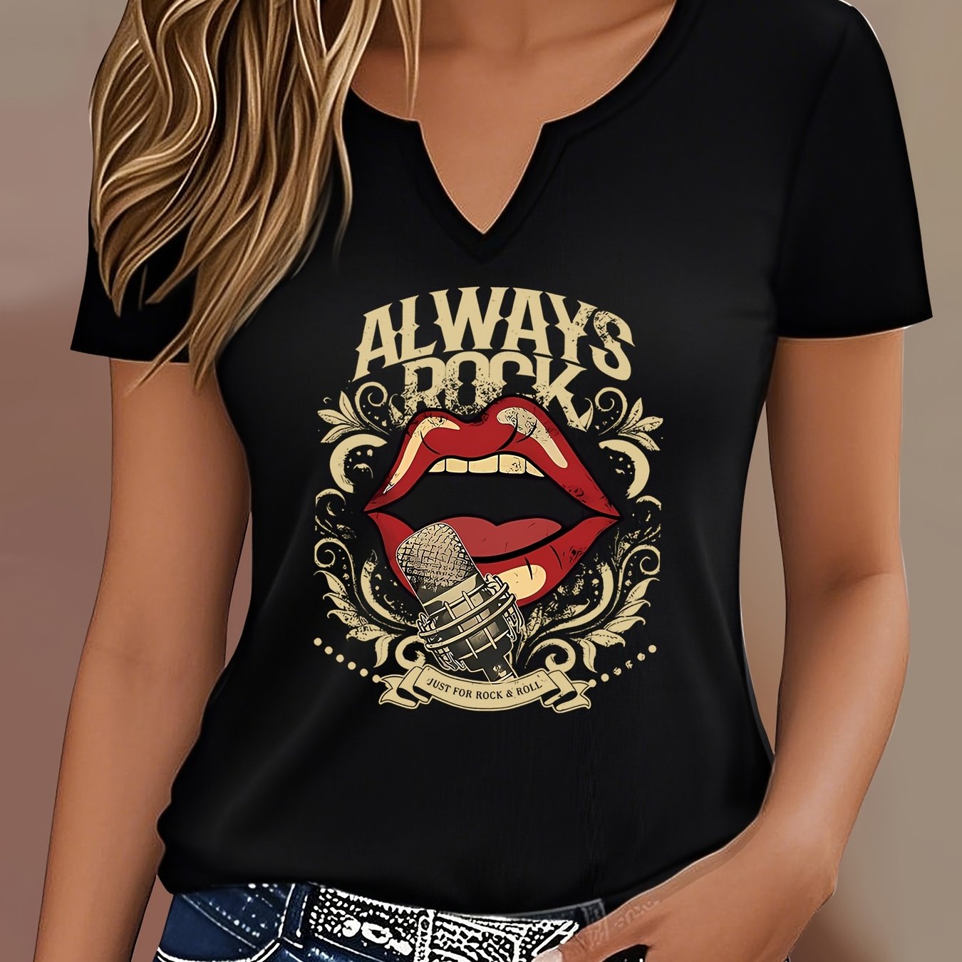 TEMU T-shirt tendance noir pour femmes, nouveau modèle à double col en V et imprimé